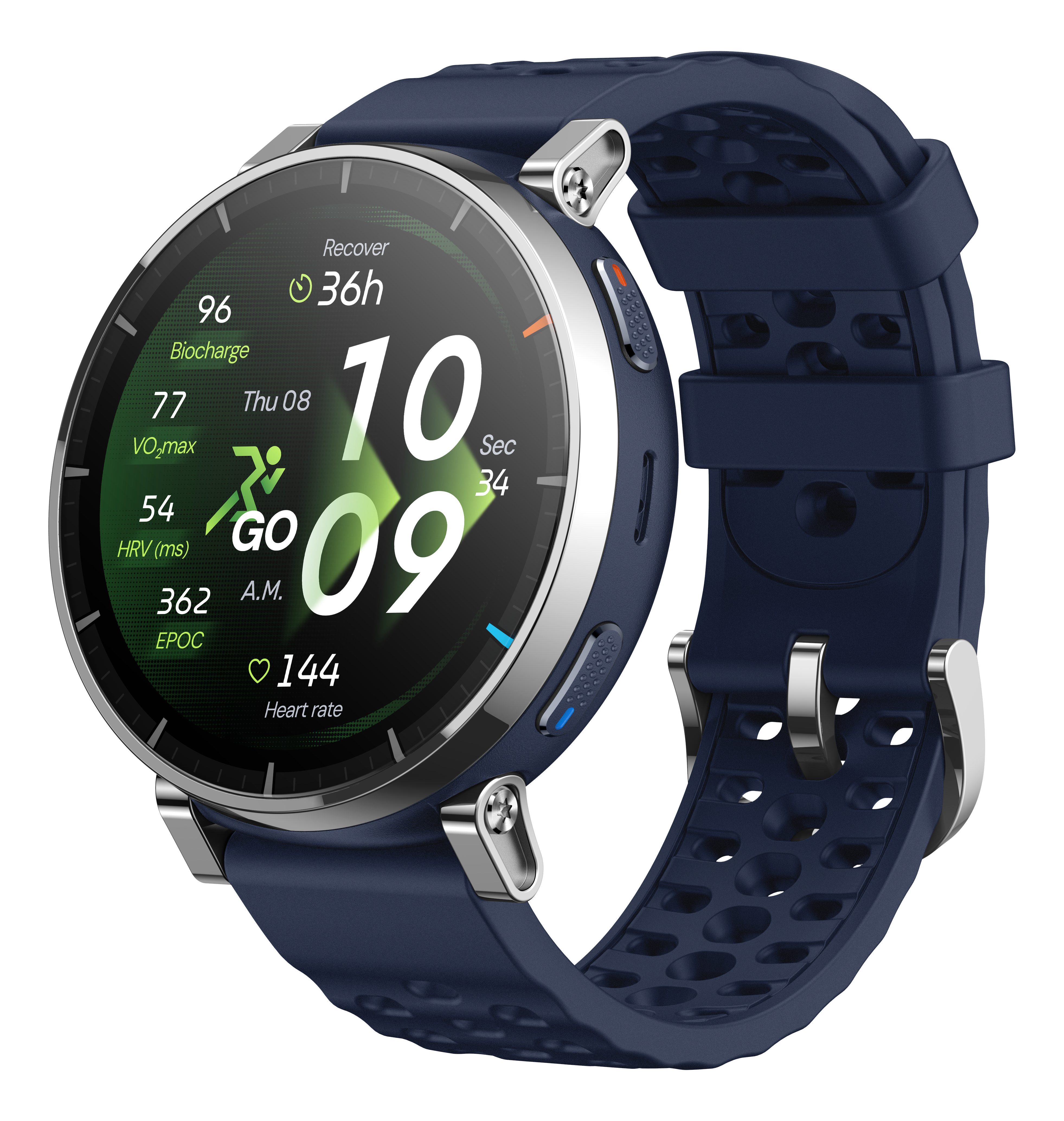 Une montre connectée bleu foncé affiche 10:09, fréquence cardiaque 144 et statistiques.