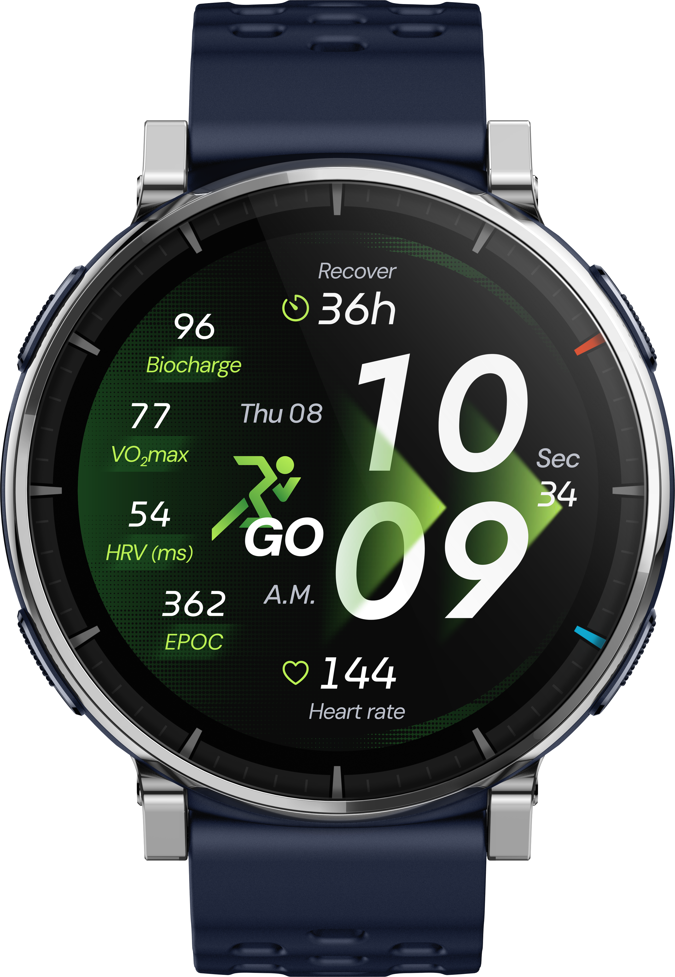 Une montre connectée bleu foncé affiche des métriques de remise en forme comme la fréquence cardiaque et la VO2 max.