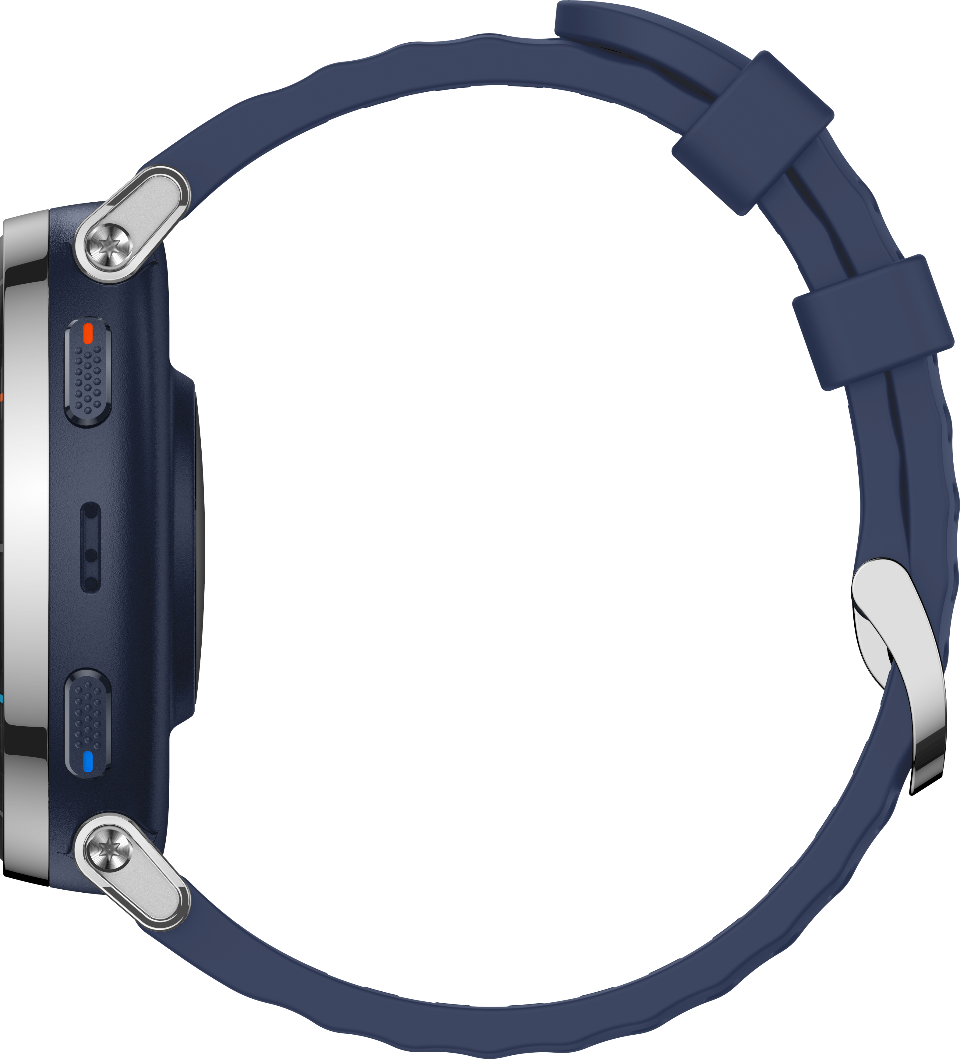 Montre connectée bleu foncé avec accents argentés et bracelet sur fond noir.