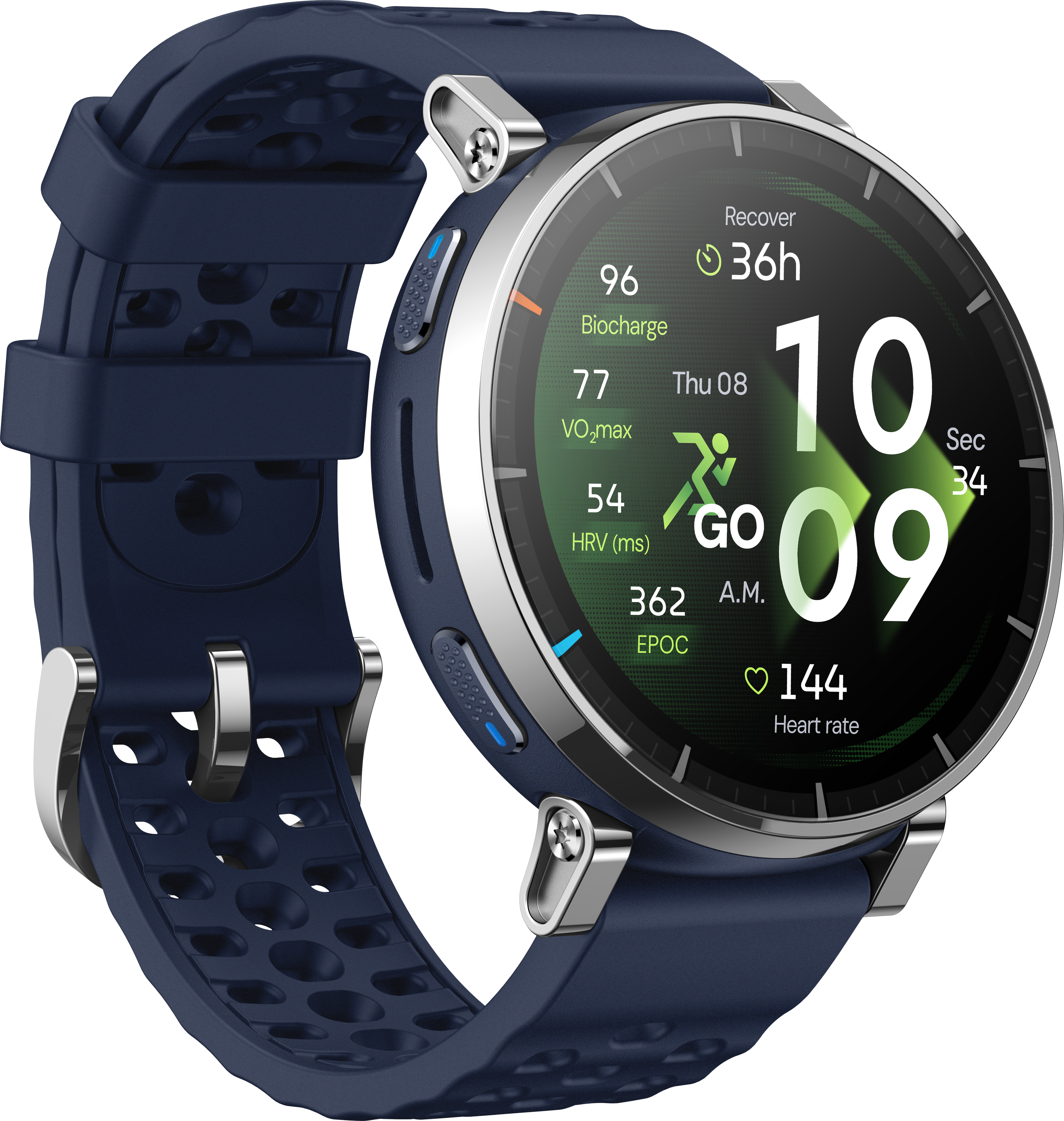 Une montre connectée bleu foncé avec écran rond affichant l'heure, la fréquence cardiaque et des données de fitness.