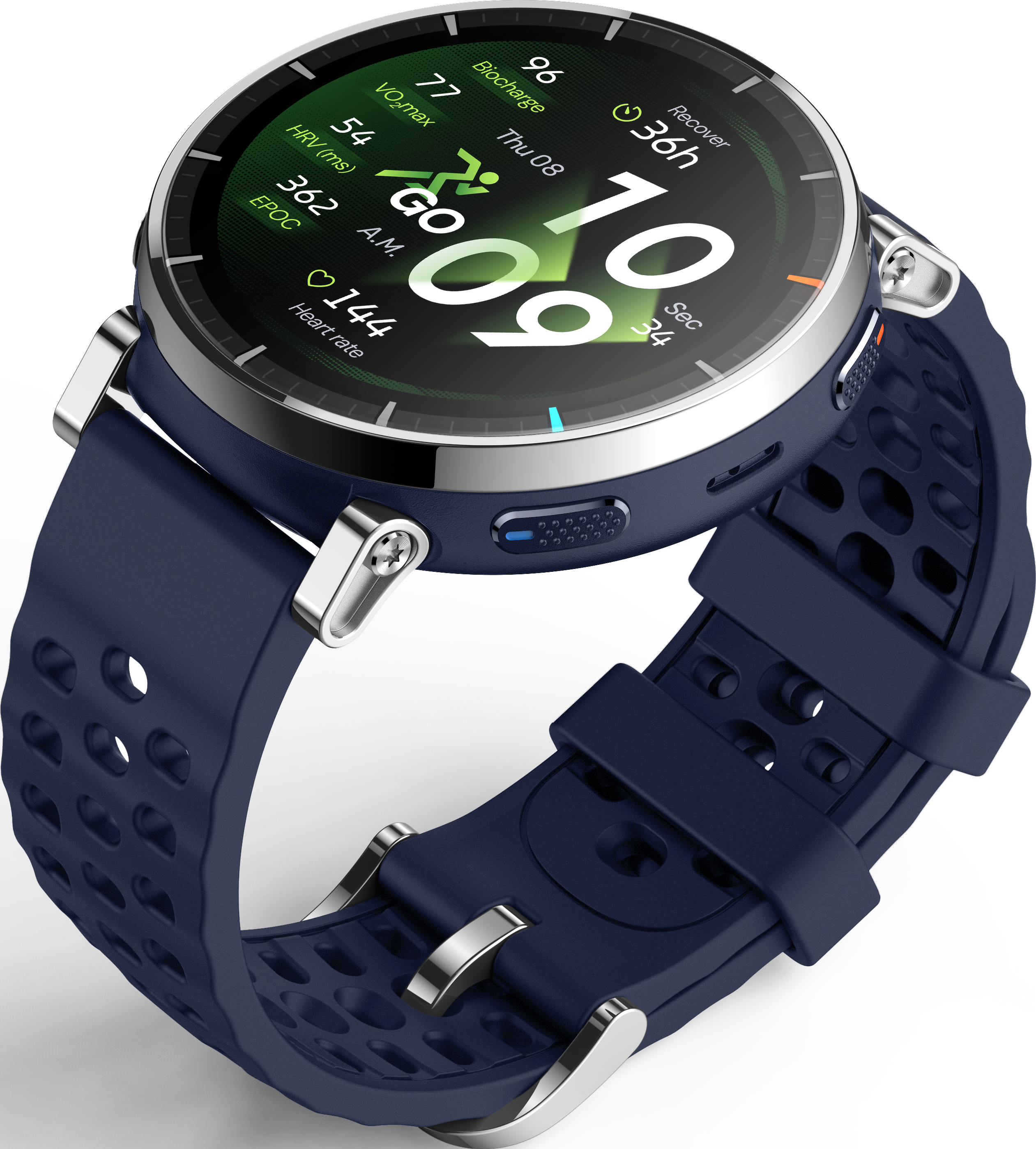 Une montre connectée bleu foncé avec lunette argentée, affichant des données de fitness.