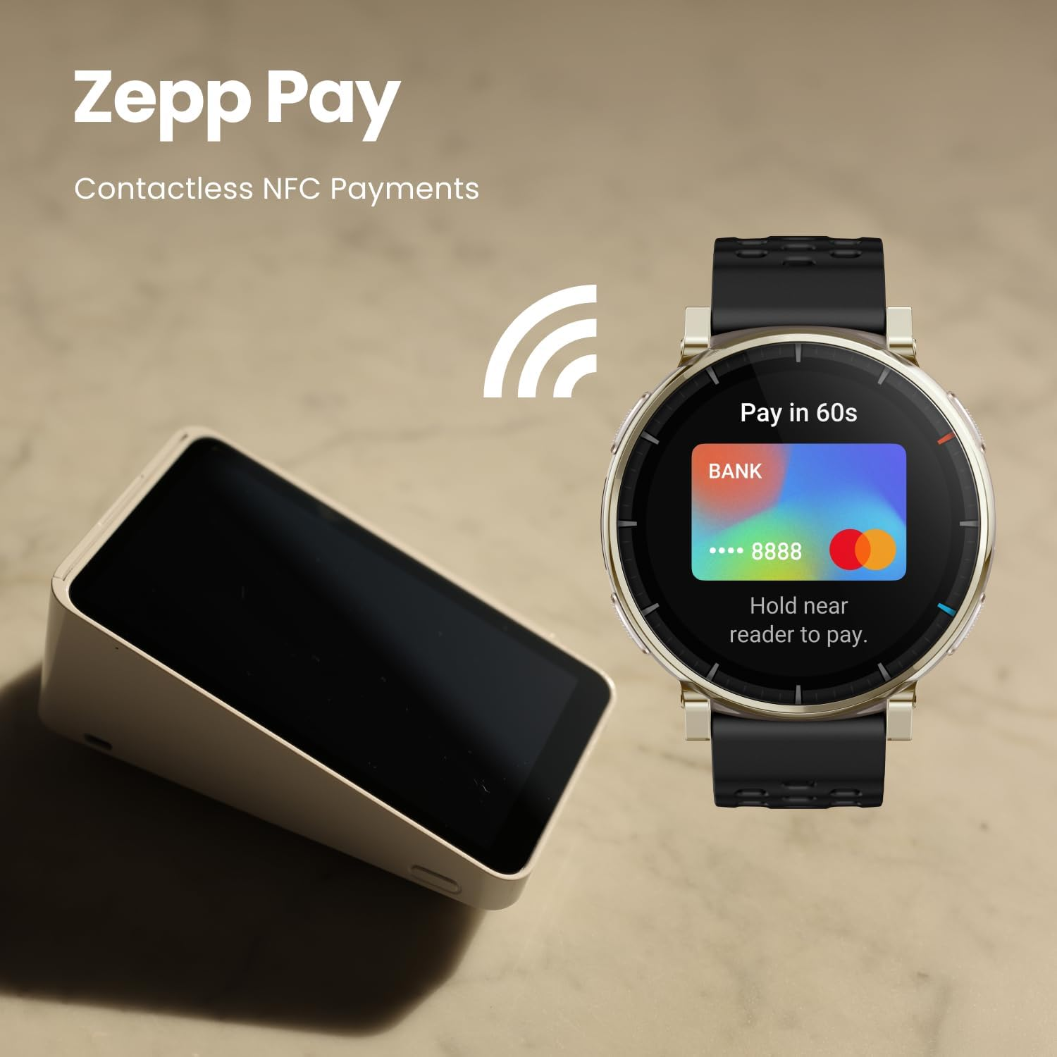 Montre connectée affiche écran de paiement, près d'un terminal carte. Zepp Pay.