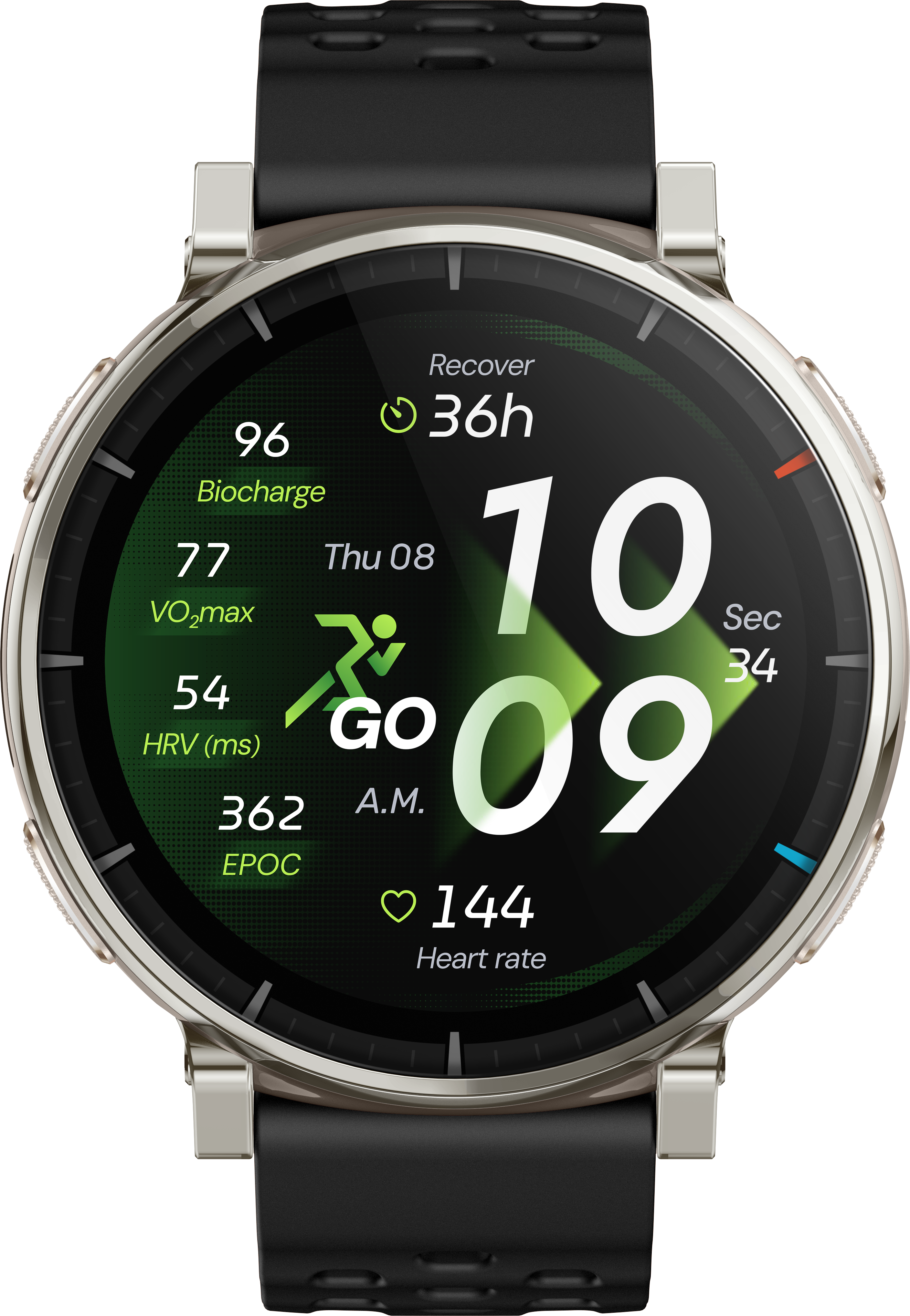 Eine Smartwatch zeigt Trainingsdaten an, darunter Herzfrequenz und VO2max.