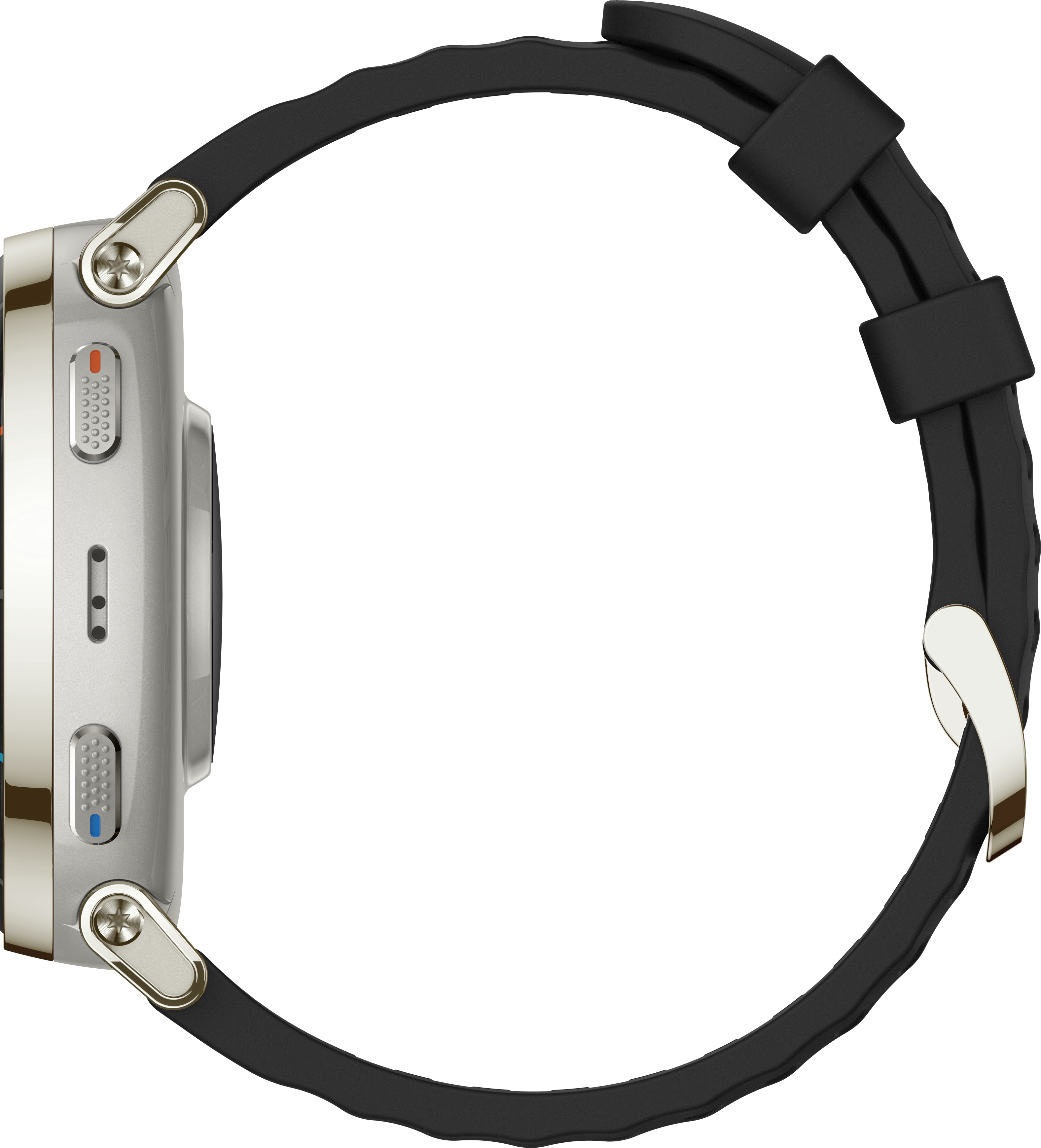 Ein silbernes Smartwatch-Gehäuse mit schwarzem Armband und goldenen Akzenten.