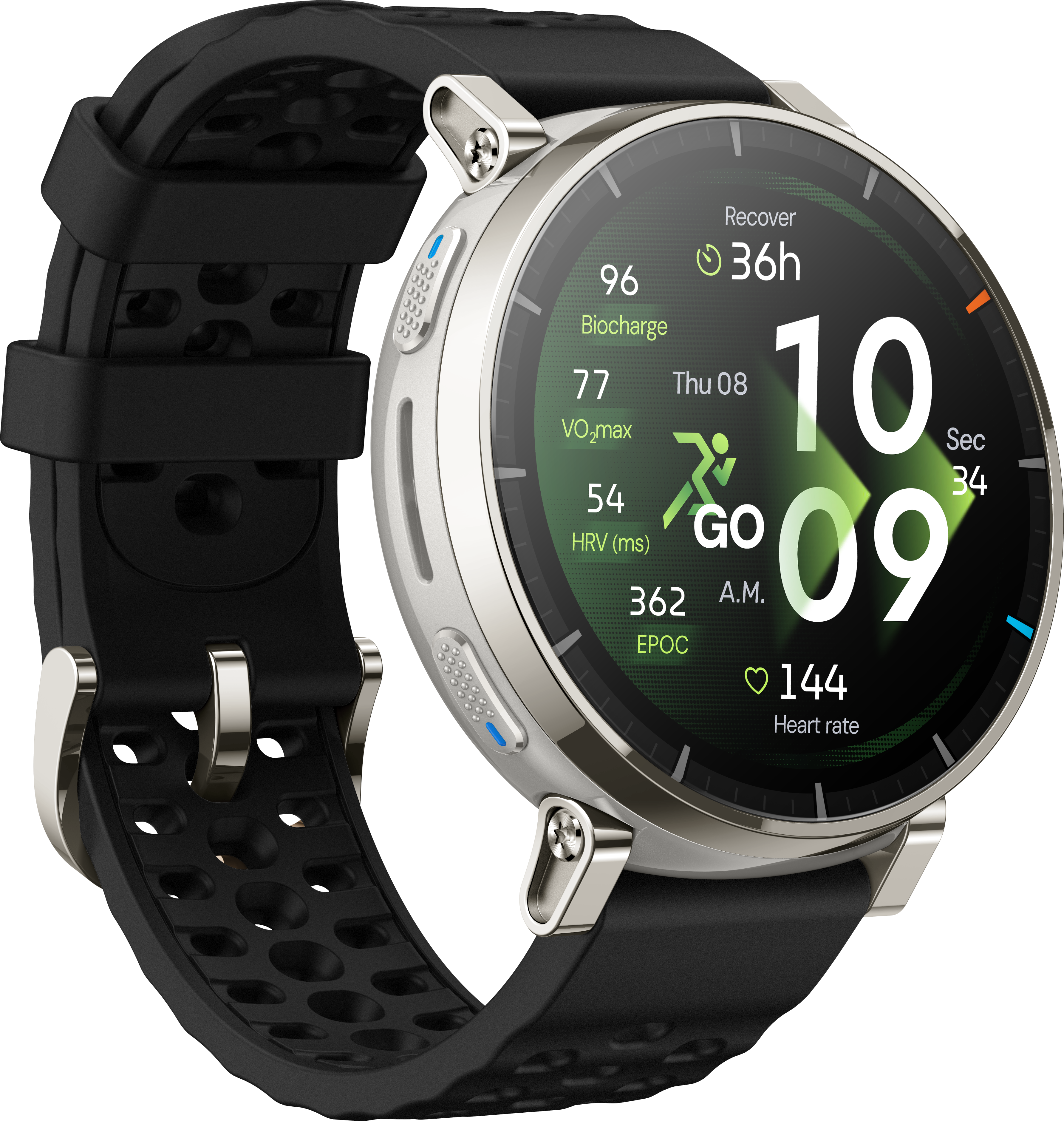 Eine silberne Smartwatch mit schwarzem Armband zeigt Zeit, Herzfrequenz und Aktivitätsdaten an.