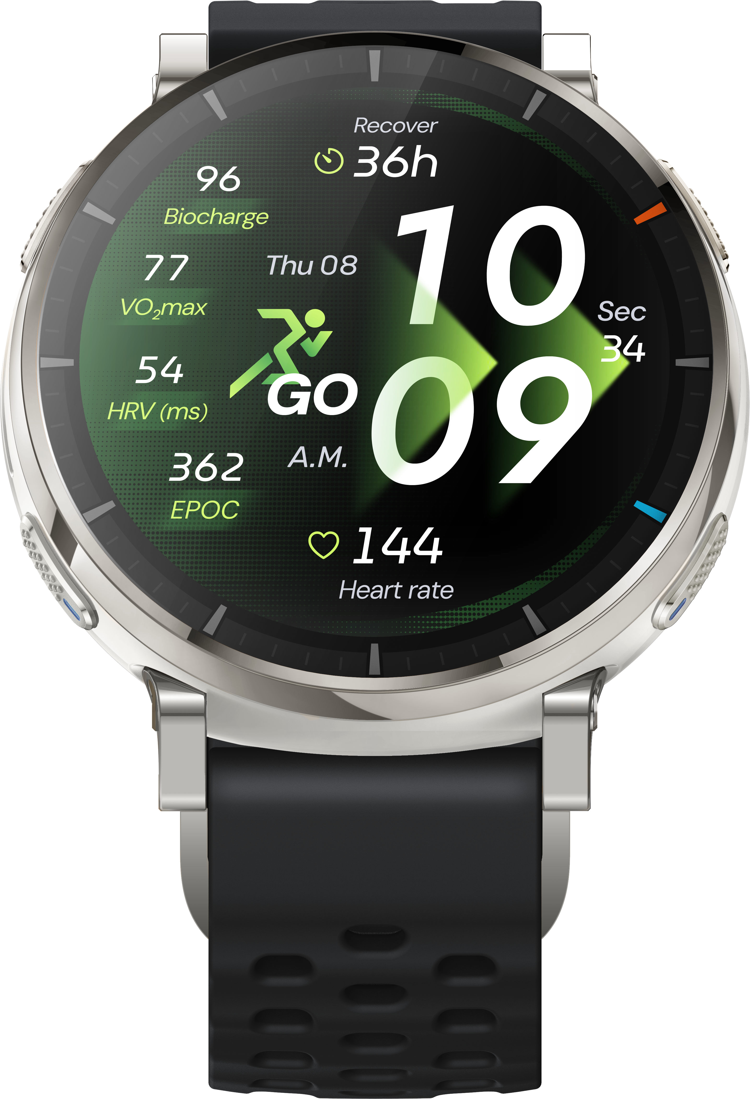 Eine Smartwatch zeigt Trainingsdaten an: 96 Biocharge, 77 VO2max, 54 HRV, 362 EPOC, Herzfrequenz 144.