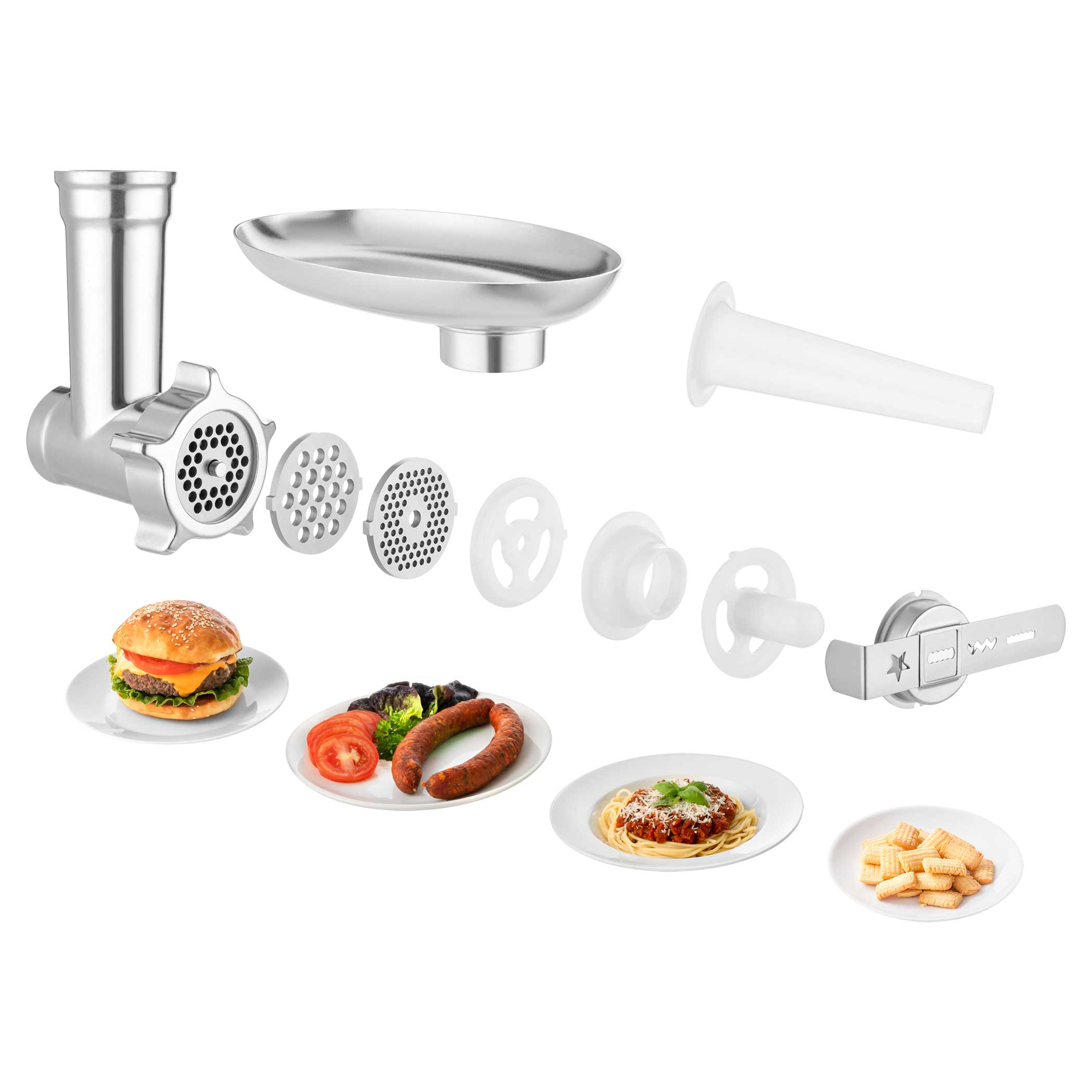 Húsdaráló alkatrészek, burgerrel, kolbásszal, spagettivel és kekszekkel.