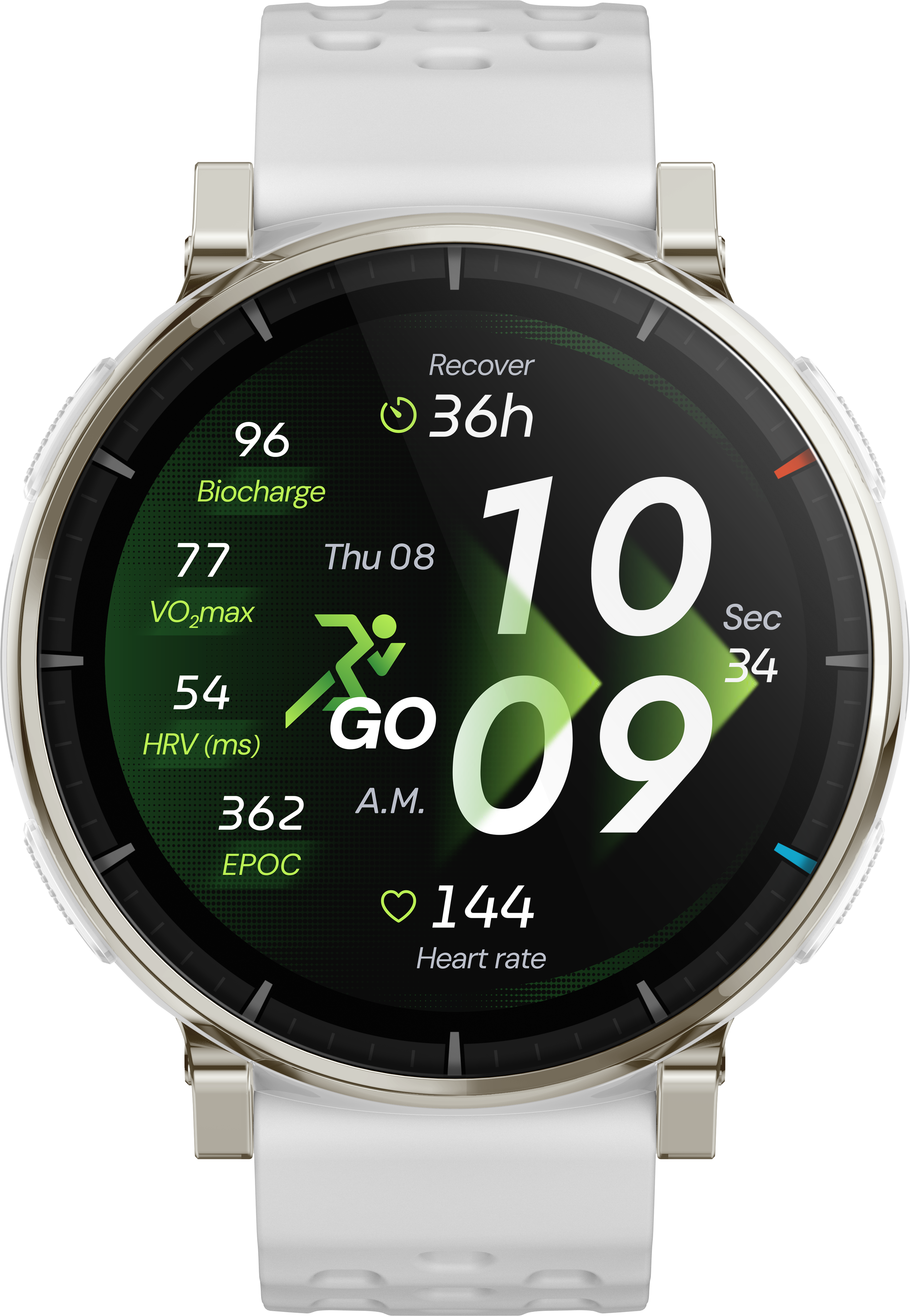 Une montre connectée avec bracelet blanc affiche des données de fitness comme la FC et le temps de récupération.