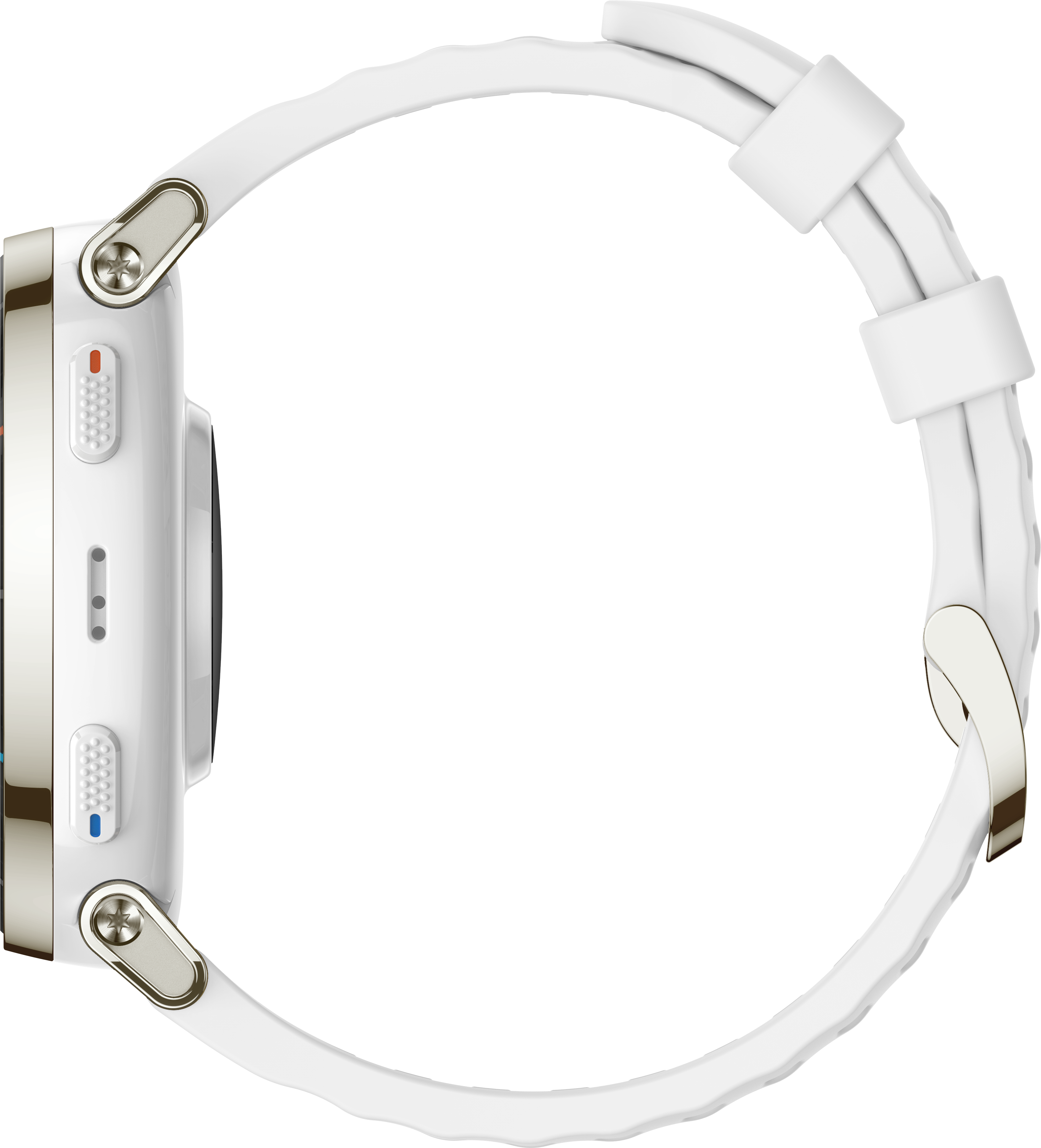 Une montre connectée blanche avec boutons argentés et bracelet blanc sur fond noir.
