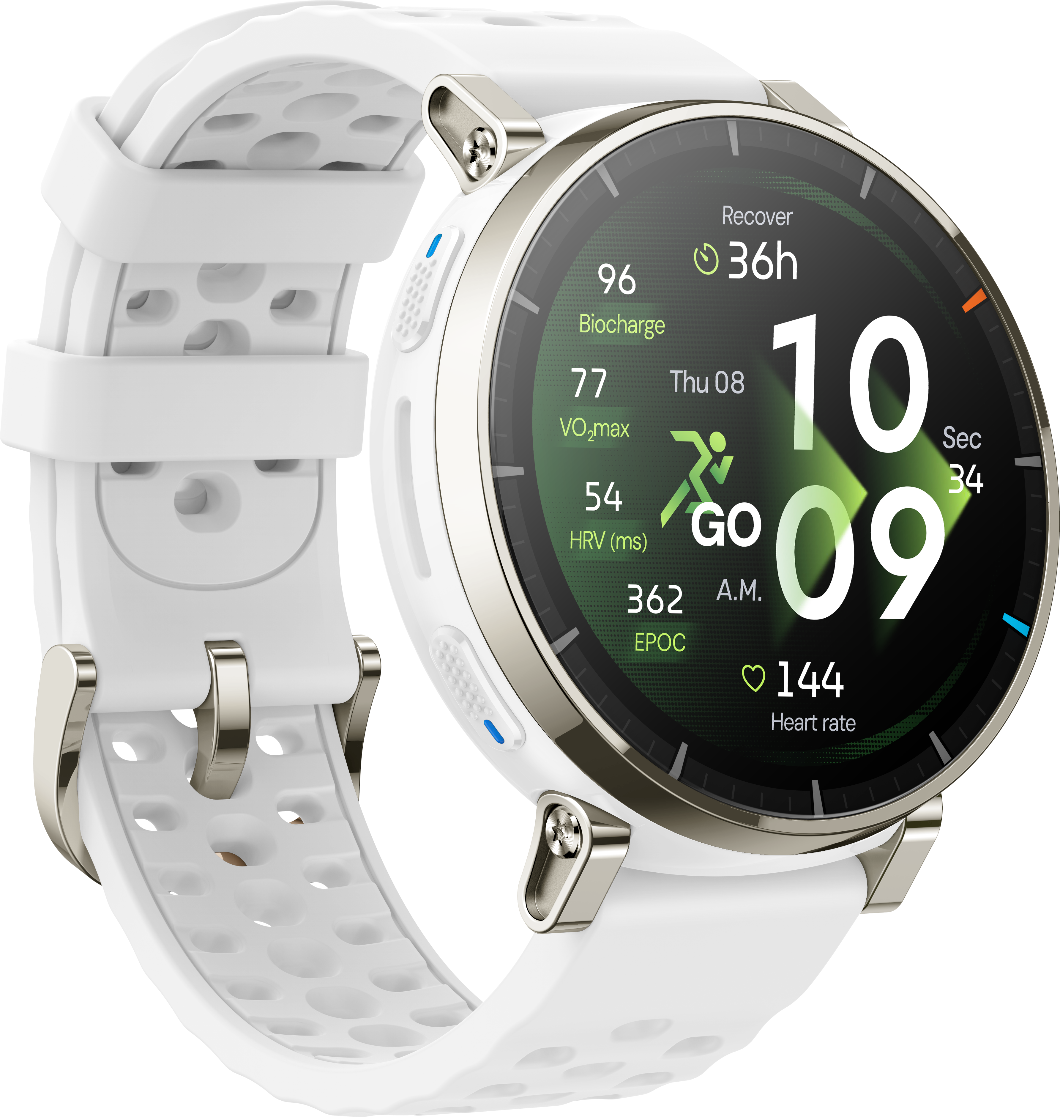 Une montre connectée blanche avec des accents argentés et un écran sombre affichant l'heure et des données de fitness.