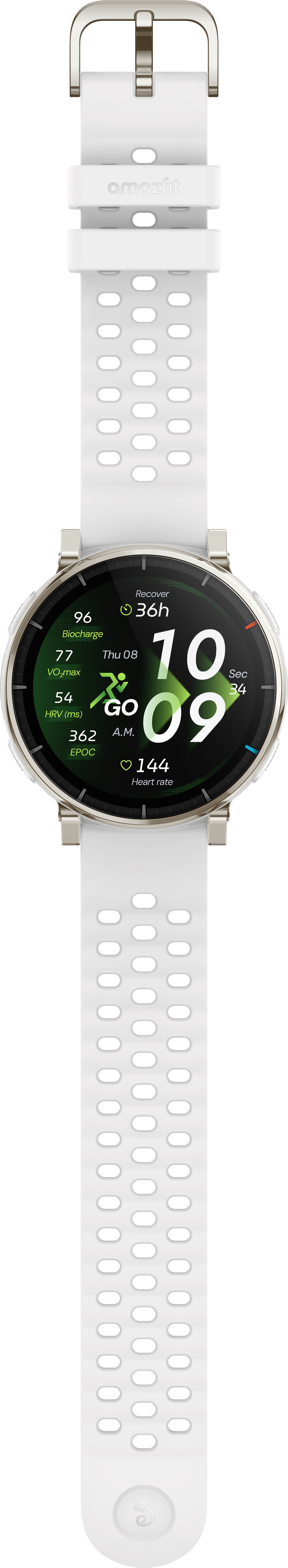 Une montre connectée Amazfit blanche avec lunette argentée affichant des données sportives.