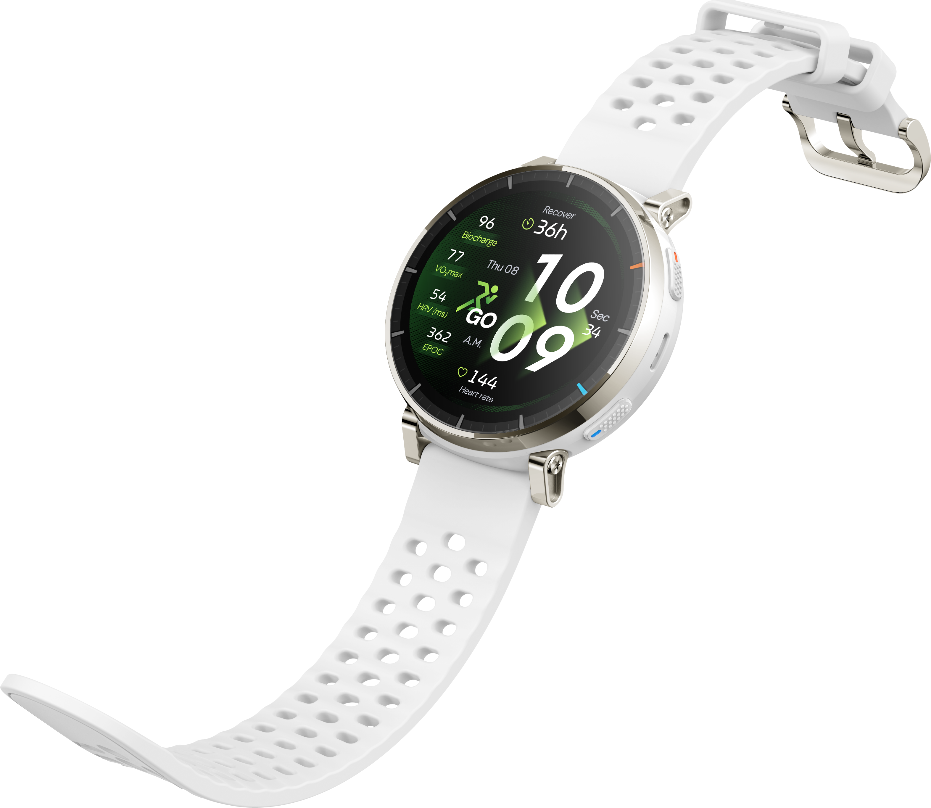 Montre connectée blanche avec accents argentés et écran affichant l'heure et stats.