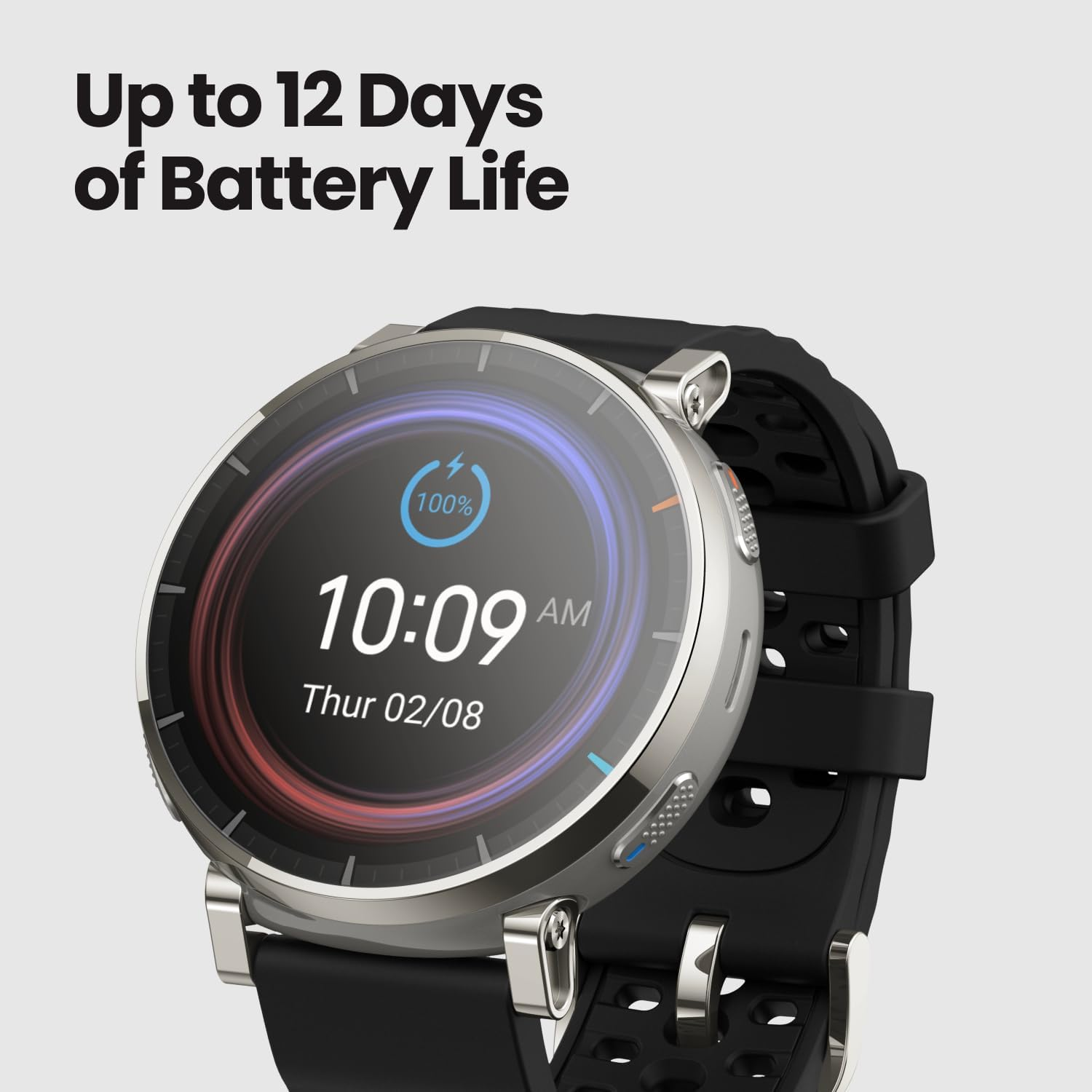 Une montre connectée argentée avec bracelet noir affiche 10h09 et 100% de batterie.