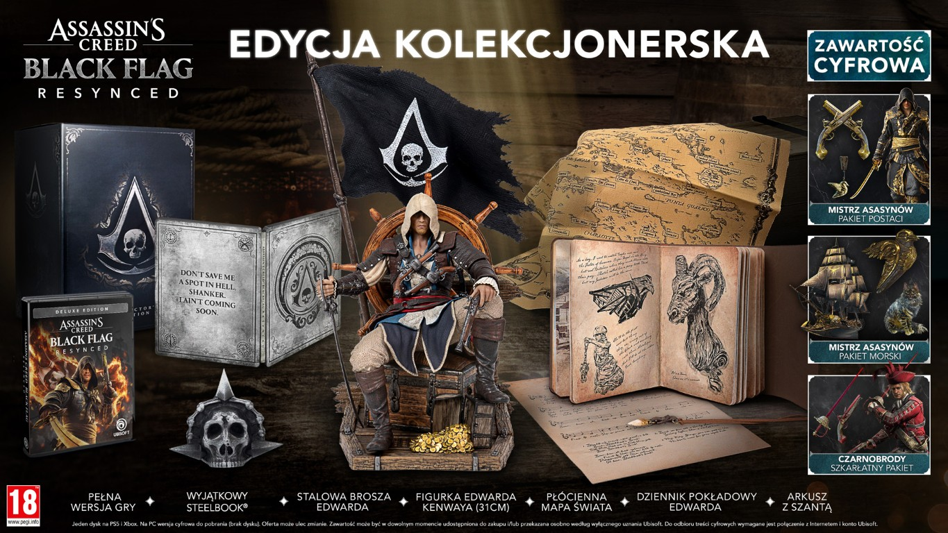 Assassin's Creed Black Flag Edycja Kolekcjonerska z figurką, księgą, mapą, steelbookiem i grą.