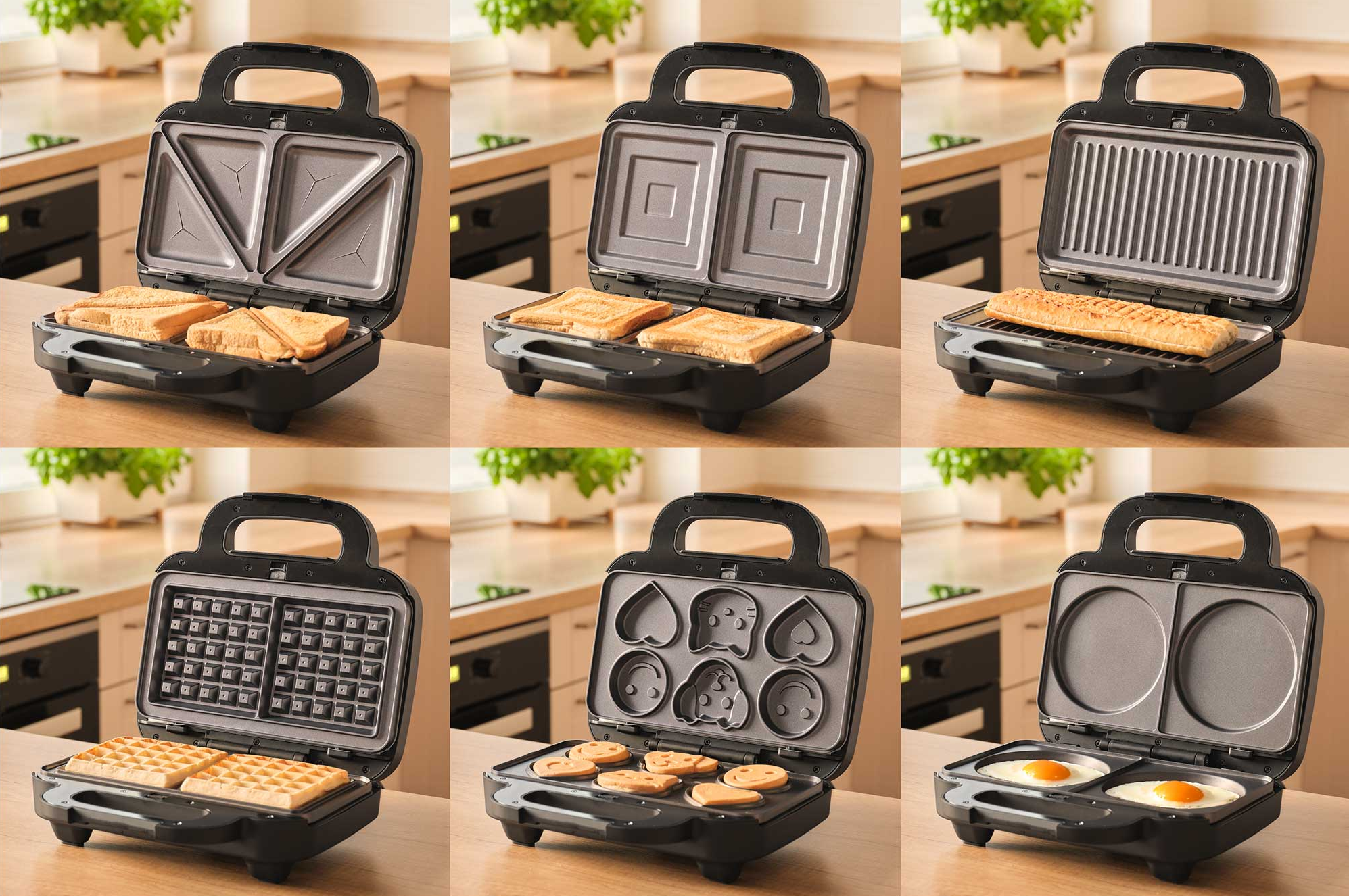 Szendvicssütő hat különböző lappal: háromszögletű szendvicsek, négyzet alakú szendvicsek, grill, gofri, süti, tojás.