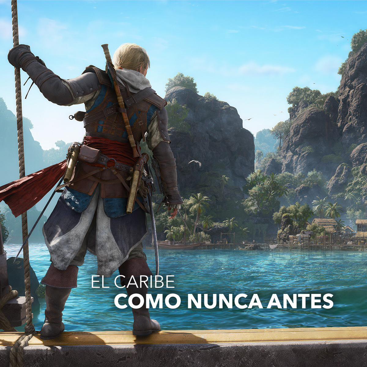 Un pirata está en cubierta mirando una isla tropical y el mar.