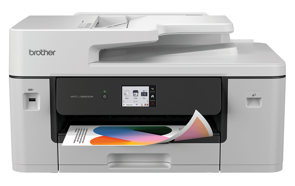 Biała drukarka Brother MFC-J3660DW z kartką papieru pokazującą kolorowe kółka.