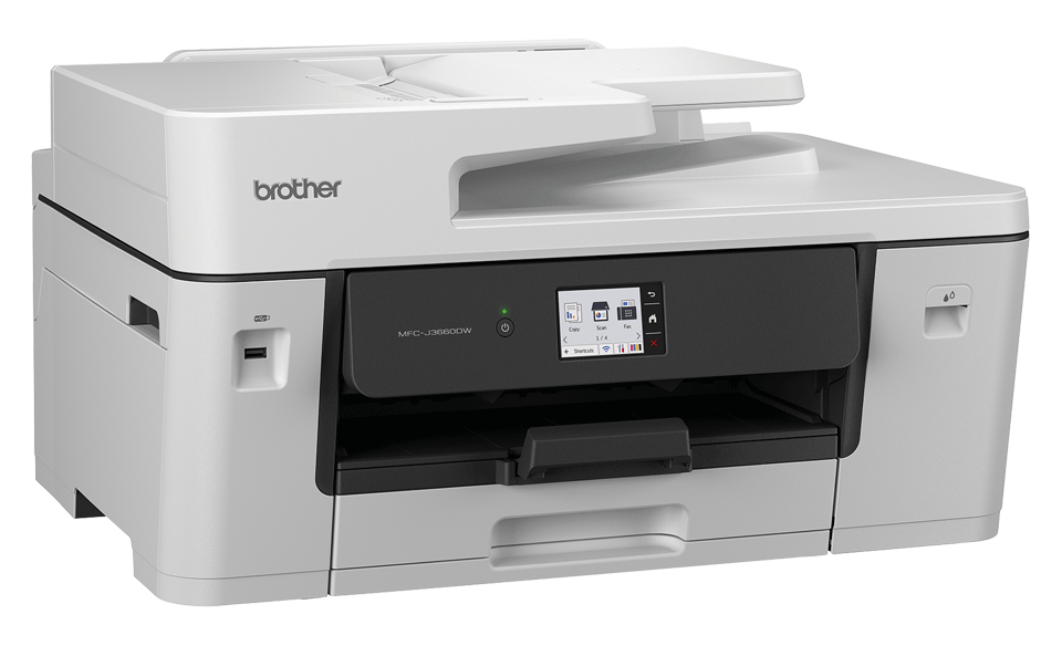 Biała drukarka Brother MFC-J3660DW z ekranem dotykowym i portem USB.