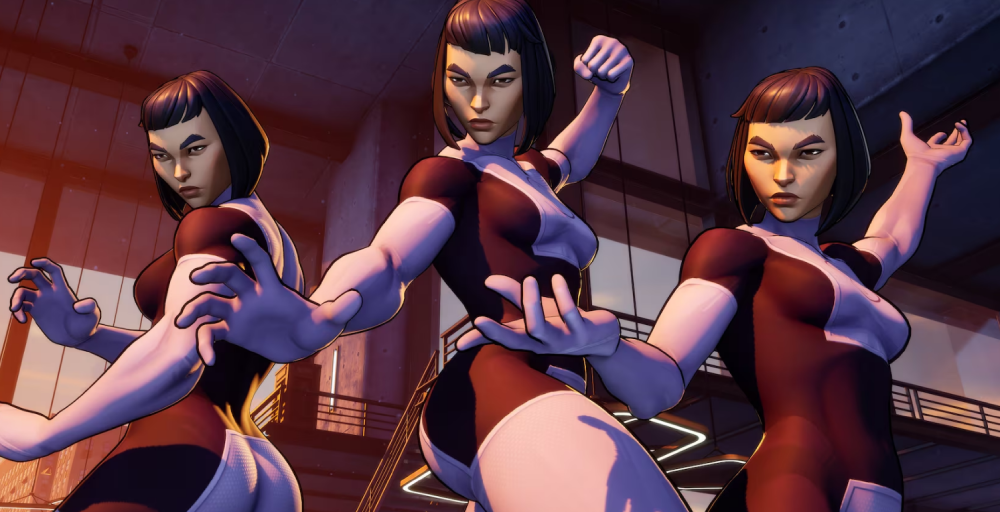 Tres mujeres con trajes oscuros y blancos posan en posturas de combate.