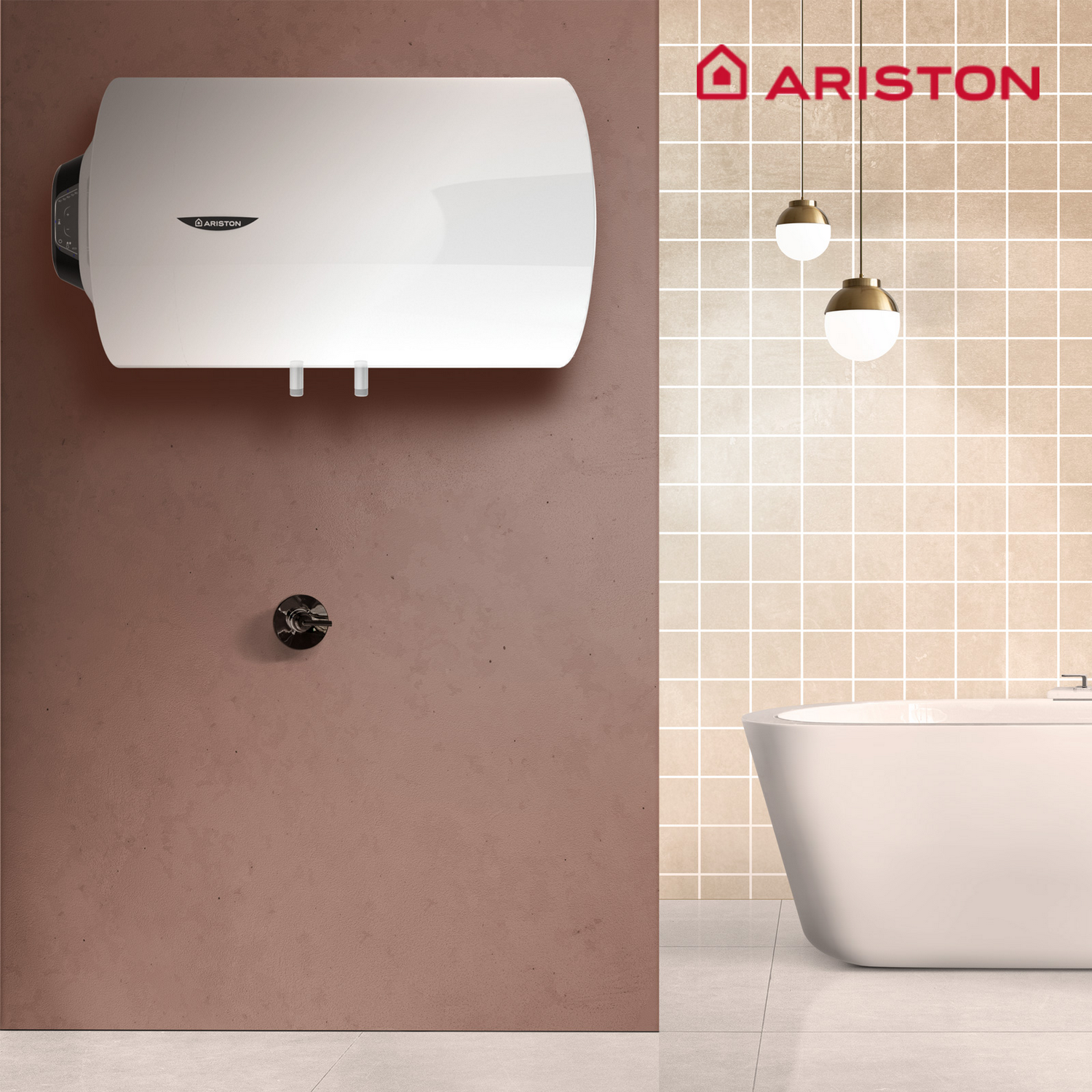 Un calentador Ariston blanco sobre un lavabo marrón, junto a una bañera blanca.