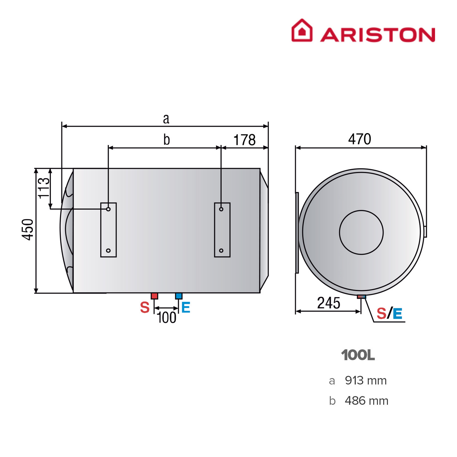 Dibujo técnico de un calentador de agua Ariston de 100L con dimensiones.