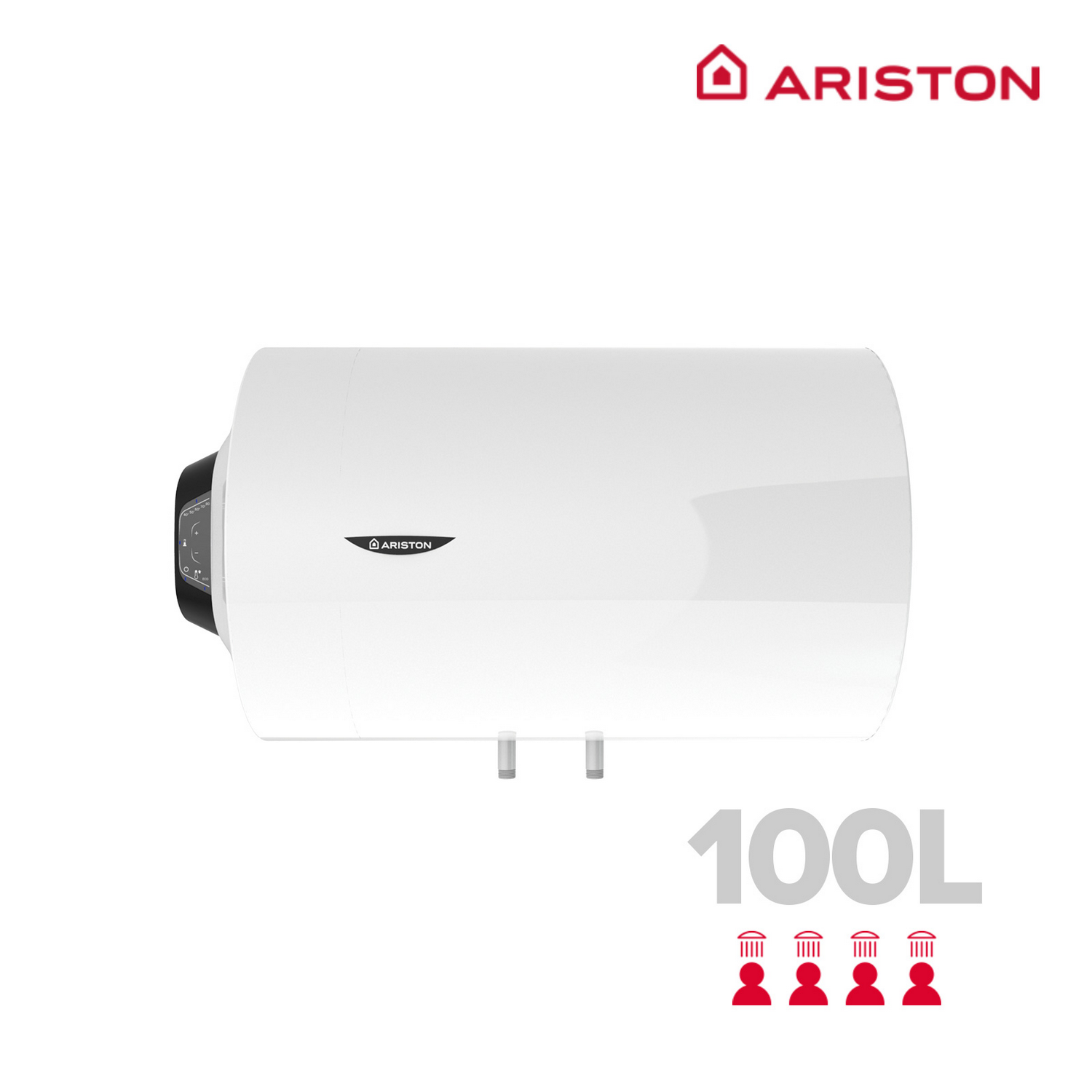 Un calentador de agua Ariston blanco de 100L con figuras rojas.