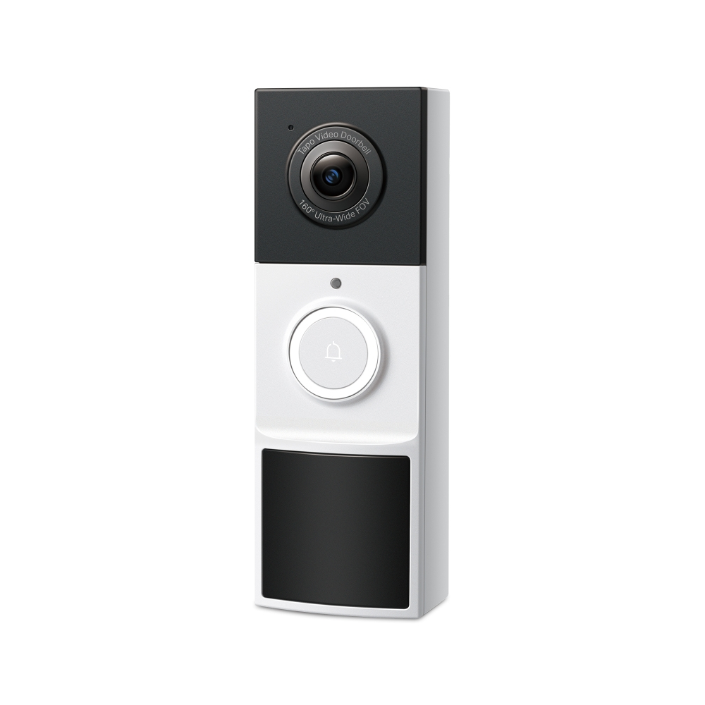 Un timbre de video blanco y negro con cámara e icono de campana.
