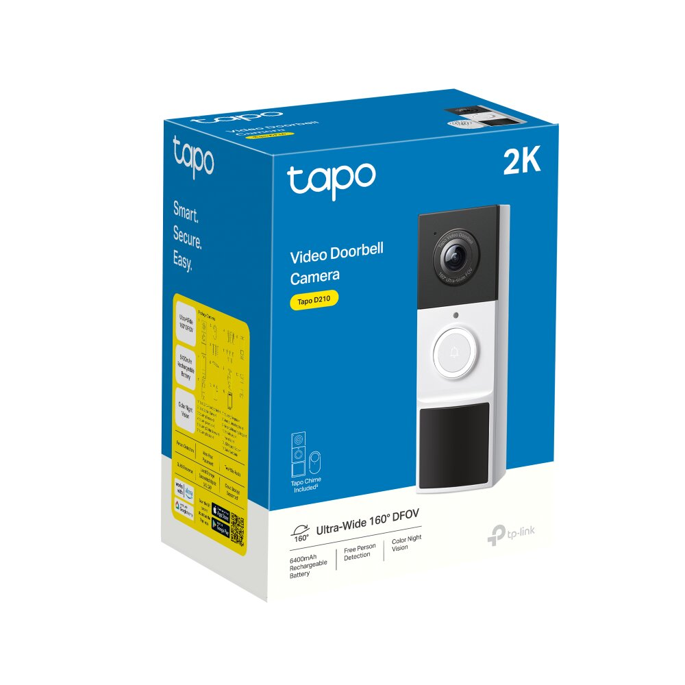 Caja de una cámara Tapo 2K para timbre con vista ultra ancha de 160° y batería recargable.
