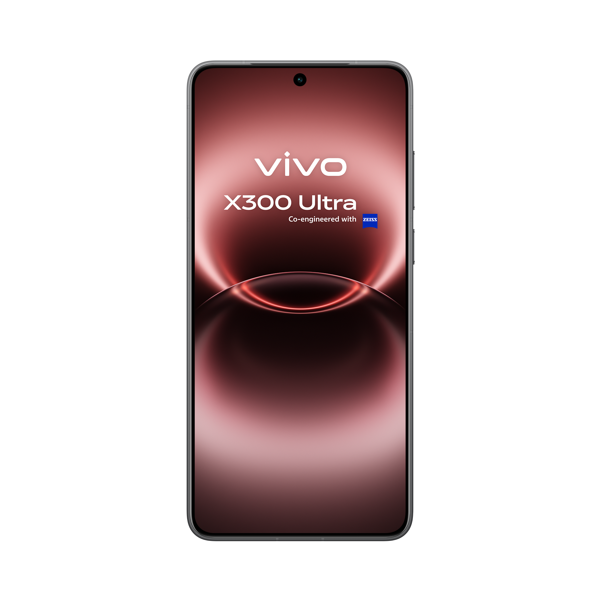 Un smartphone Vivo X300 Ultra con pantalla degradada roja y fondo negro.