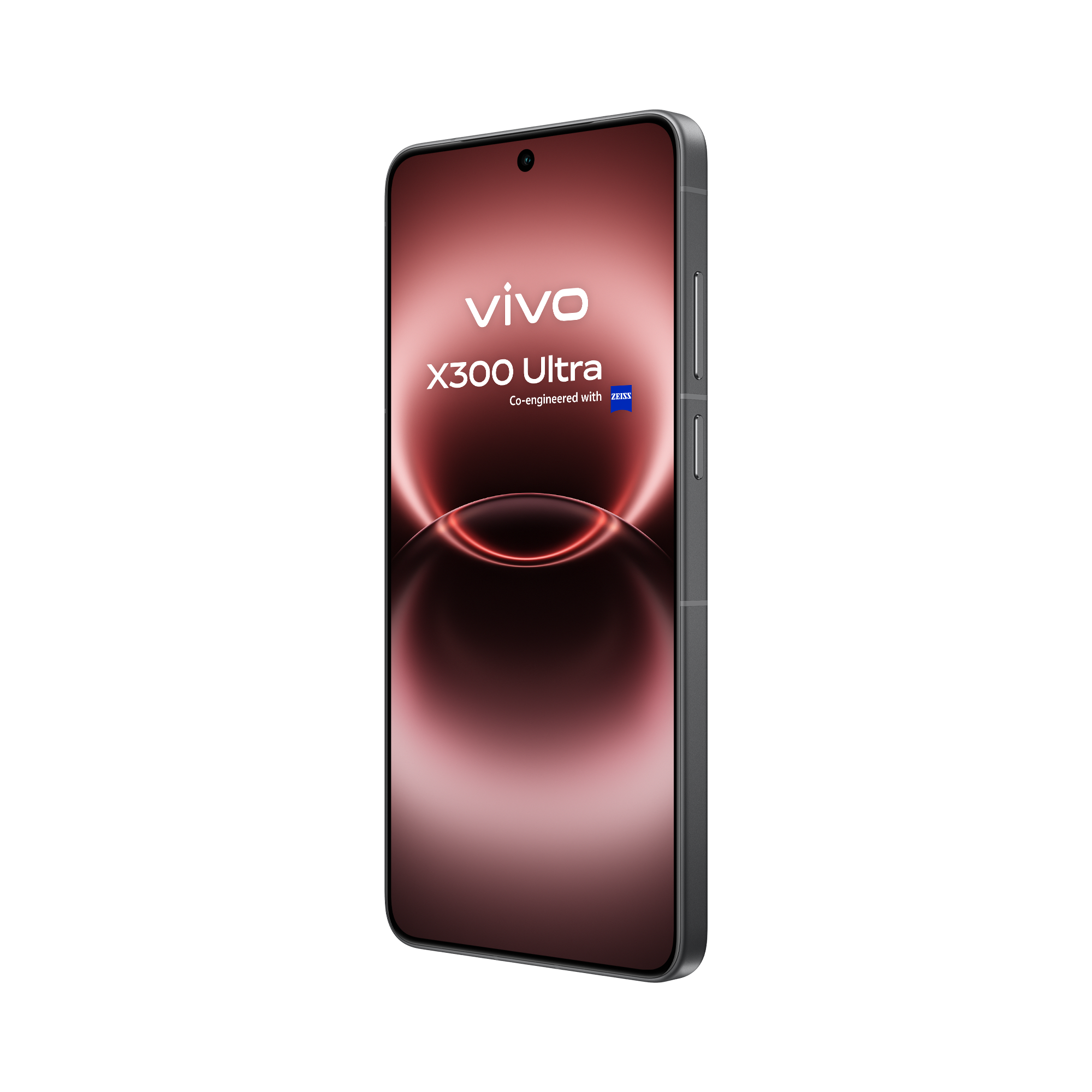 Smartphone gris con texto Vivo X300 Ultra y logo Zeiss en la pantalla.