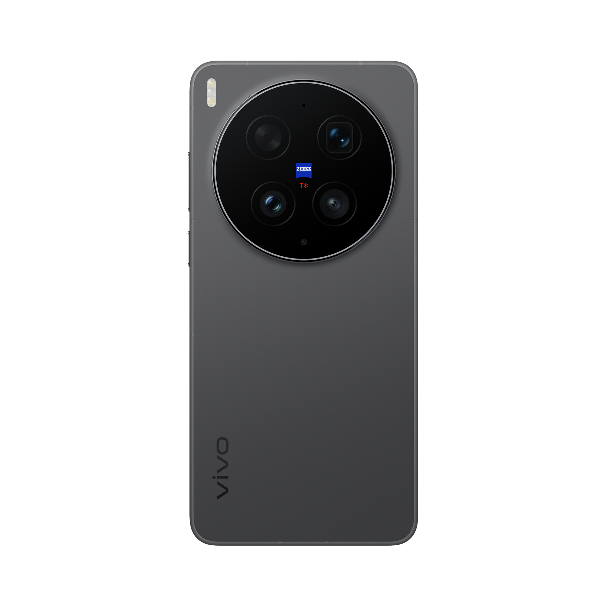 Parte trasera de un smartphone gris con cuatro cámaras y el logo ZEISS.