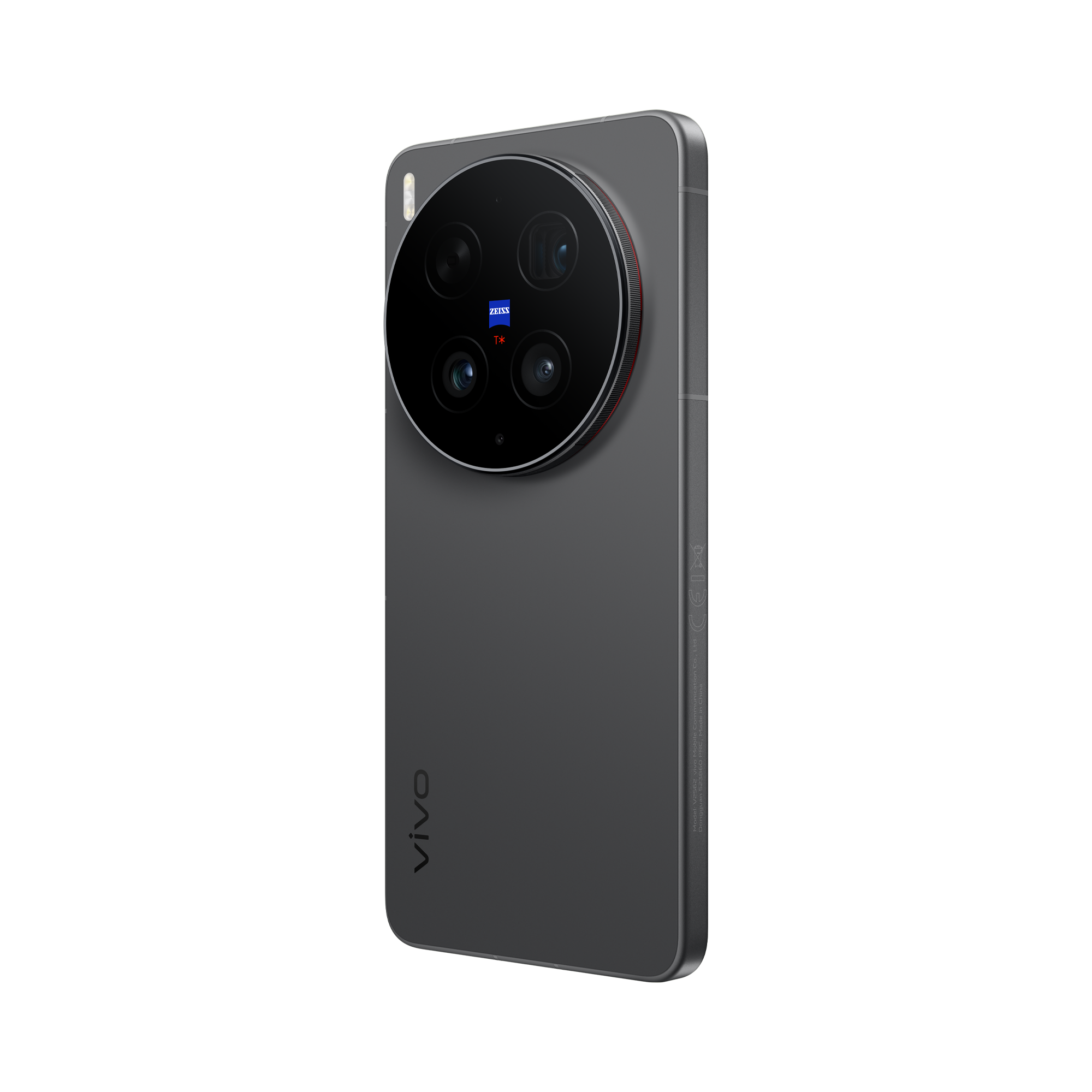Smartphone gris con cámara ZEISS y logo vivo, sobre fondo negro.
