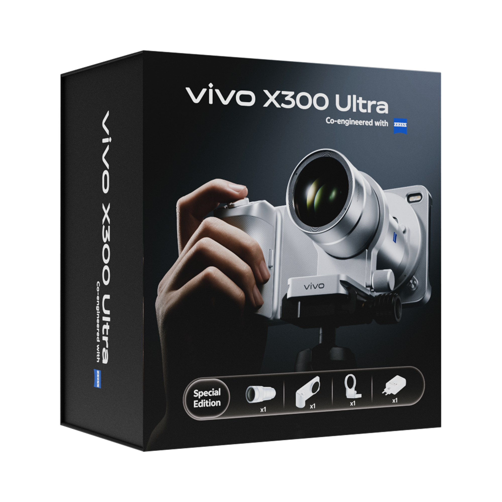 Embalaje Vivo X300 Ultra con cámara, mano y accesorios.