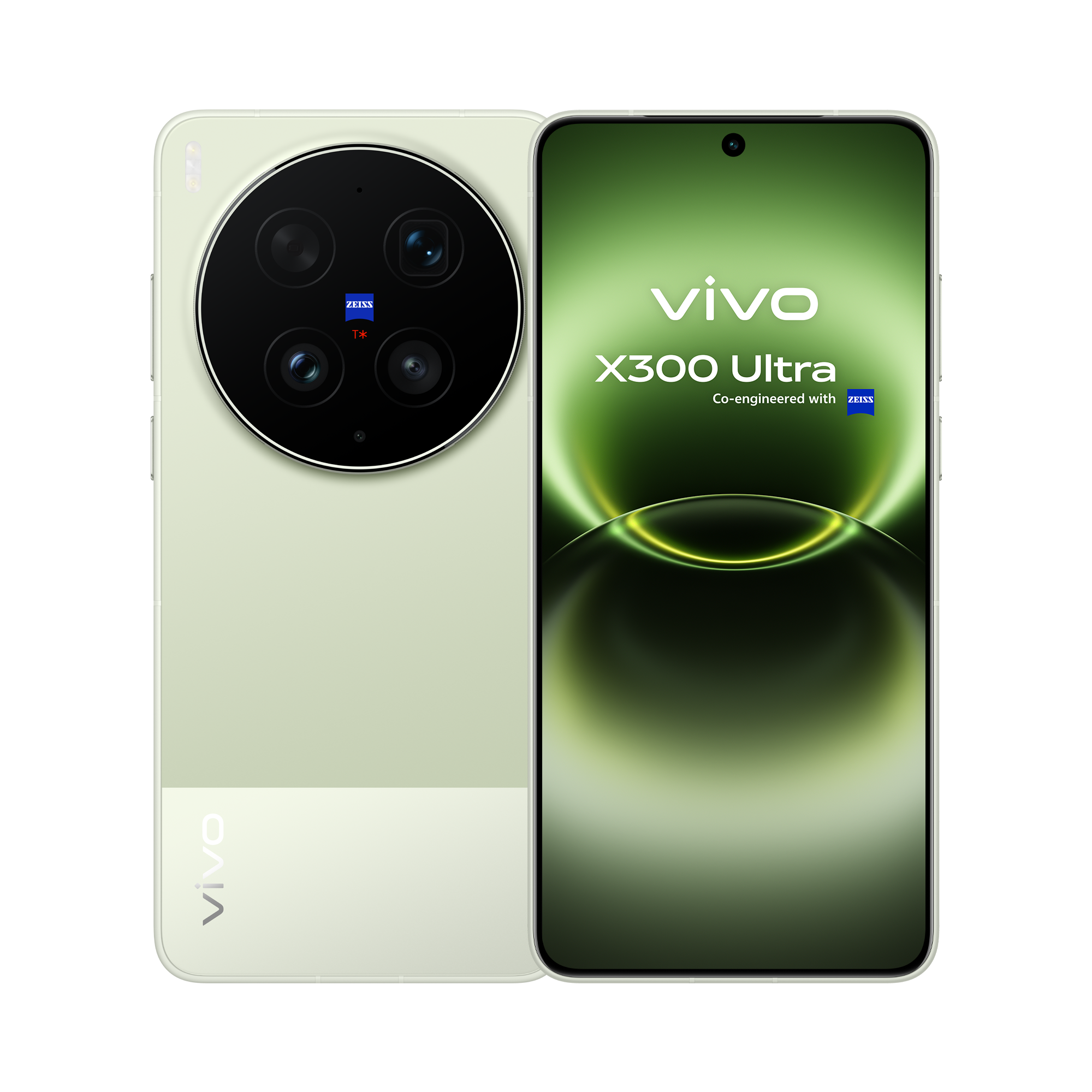 Un smartphone Vivo X300 Ultra verde claro con cámara ZEISS sobre fondo negro.