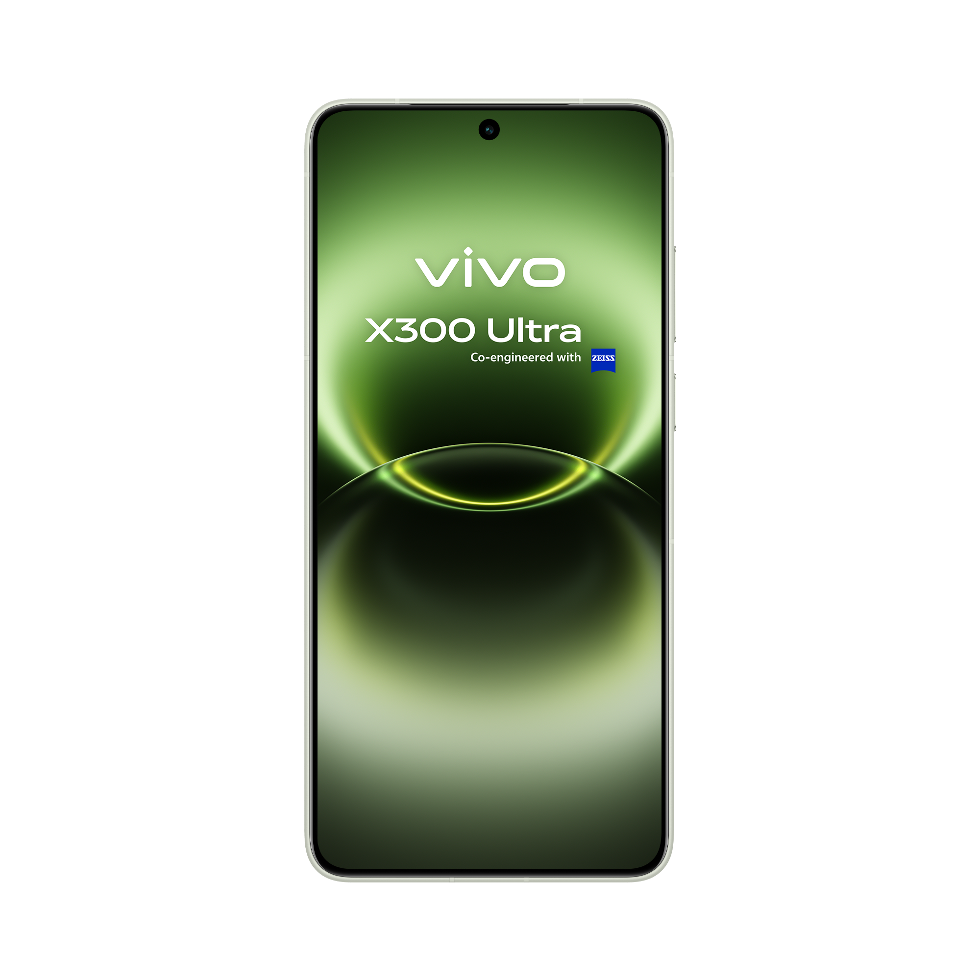 Un smartphone Vivo X300 Ultra con fondo de pantalla verde y logo Zeiss.