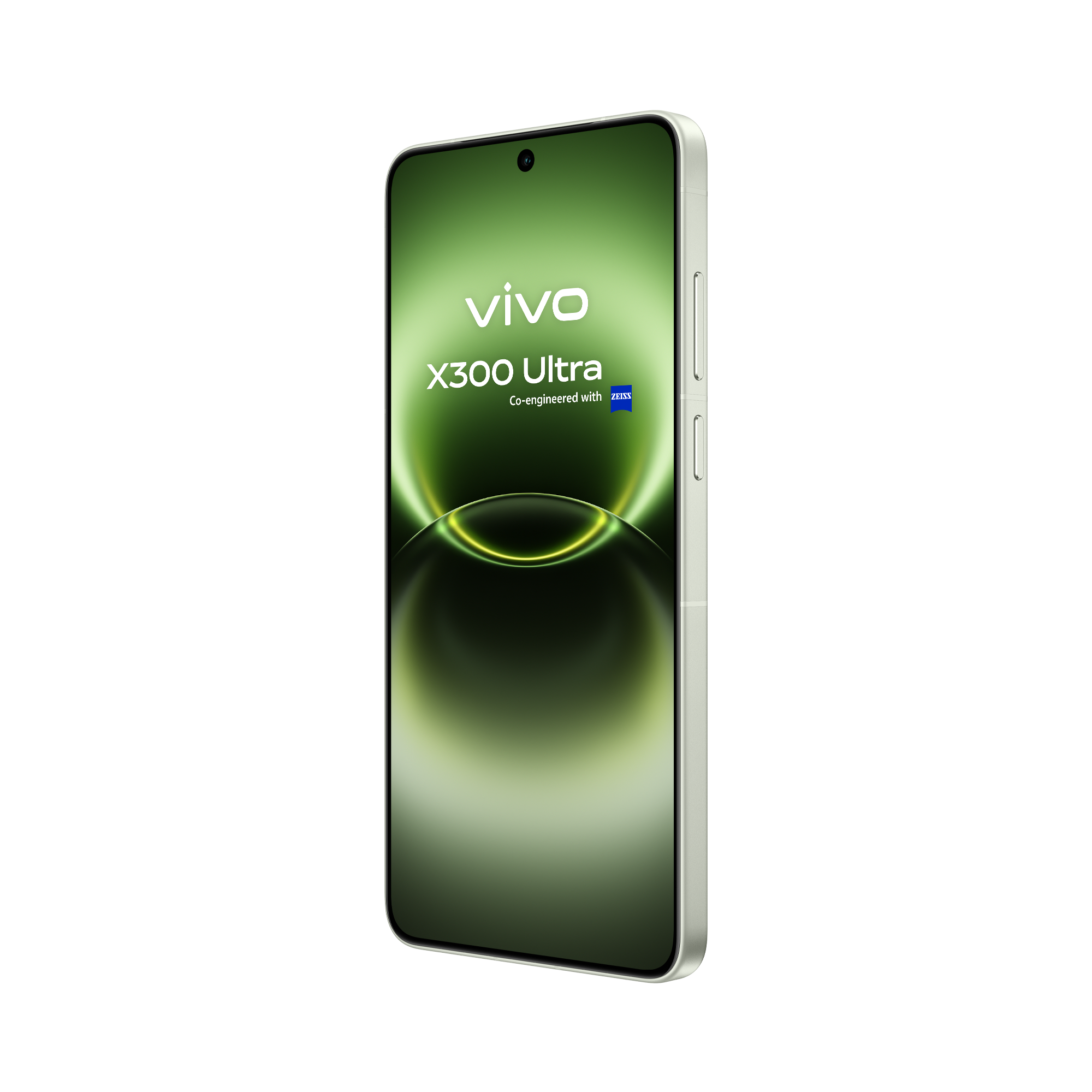 Un smartphone Vivo X300 Ultra gris claro sobre fondo verde con logo.