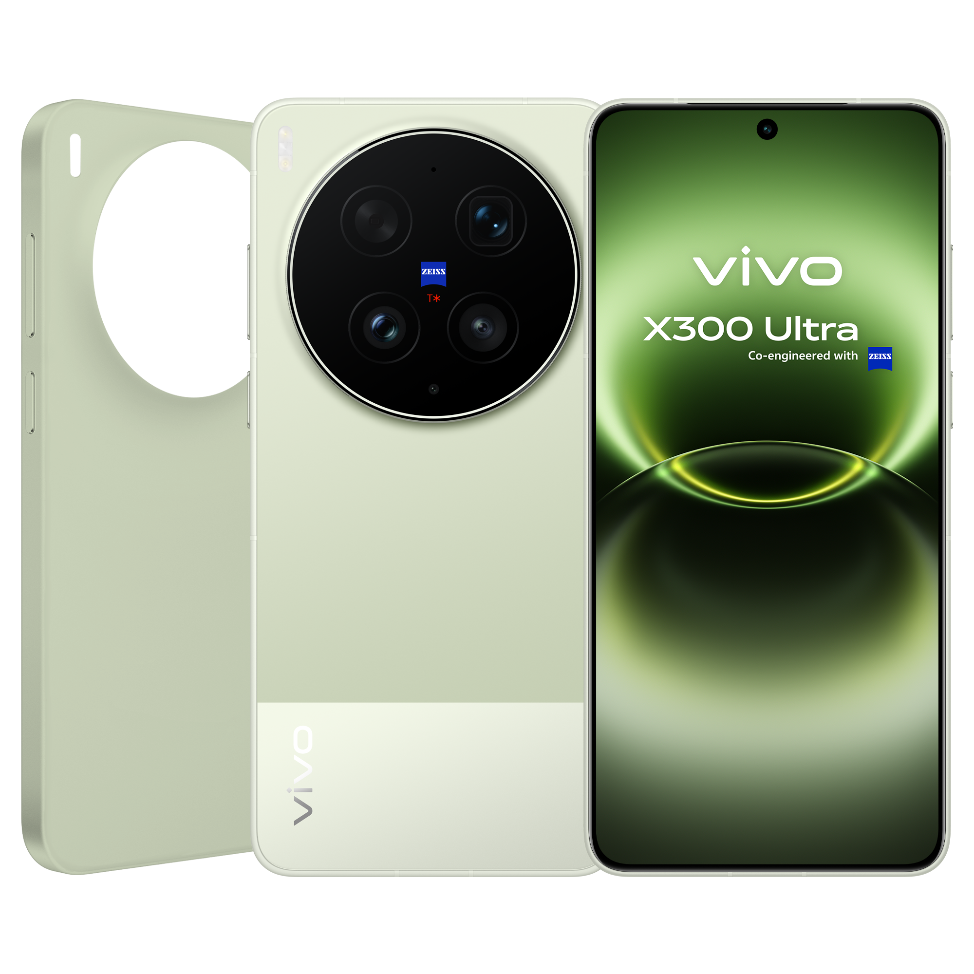 Un smartphone verde claro con cuatro cámaras en la parte trasera y un logo ZEISS.