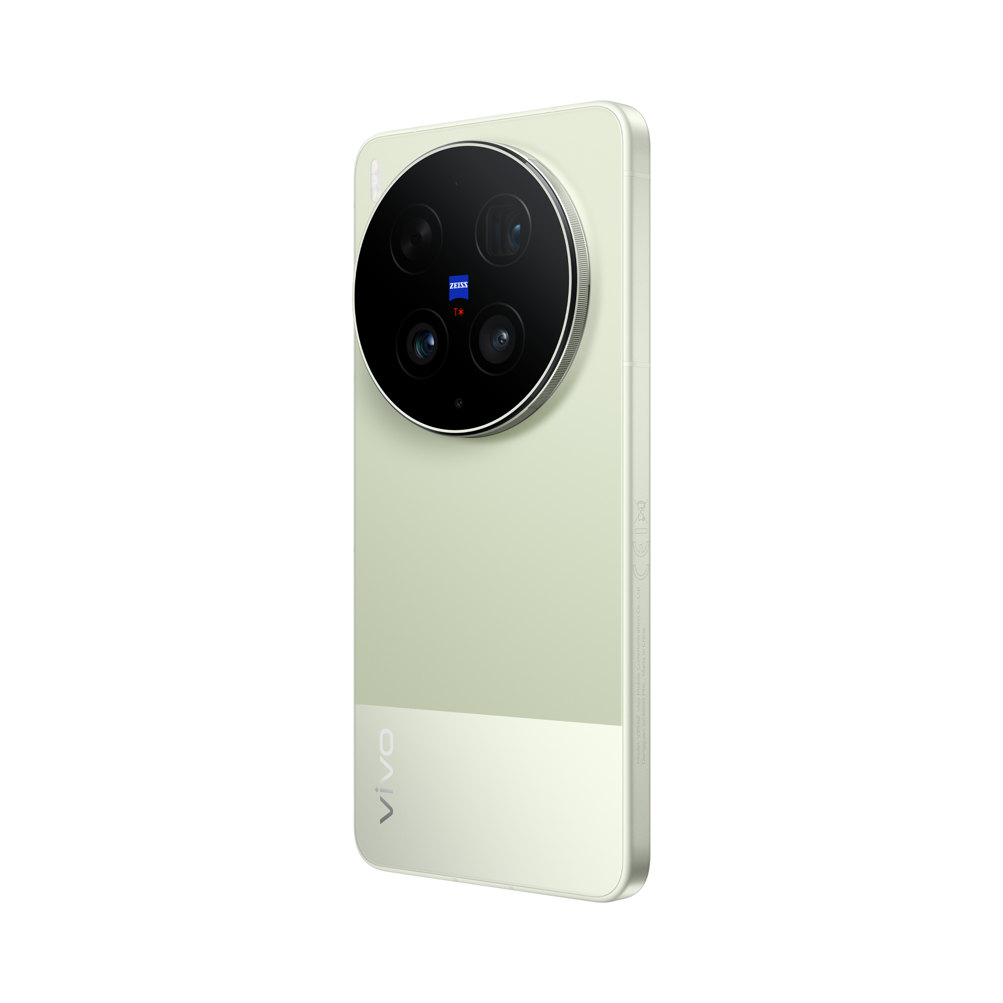 Un smartphone verde claro con sistema de cuádruple cámara y marca ZEISS.