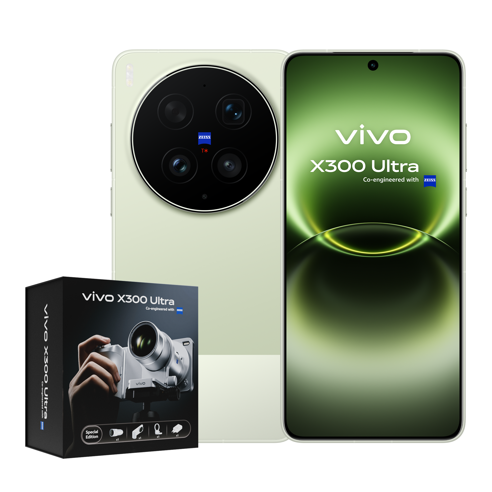 Un smartphone verde claro con cámara y caja. Es el Vivo X300 Ultra.