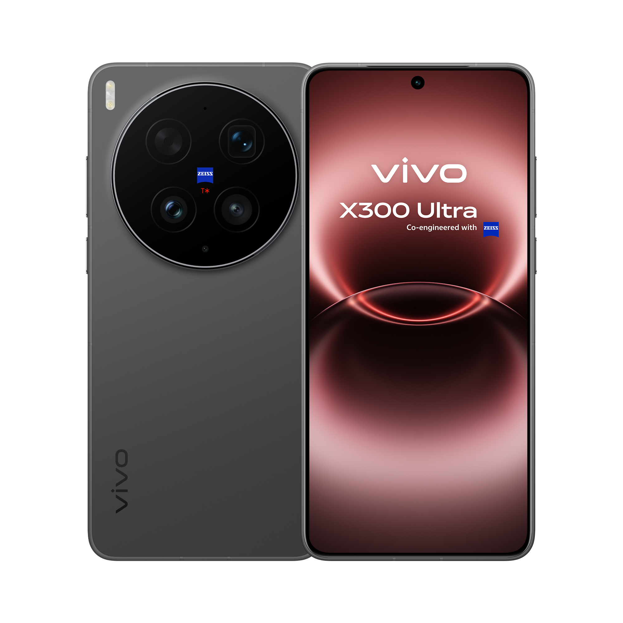 Un smartphone gris Vivo X300 Ultra con cámara Zeiss, sobre fondo negro.