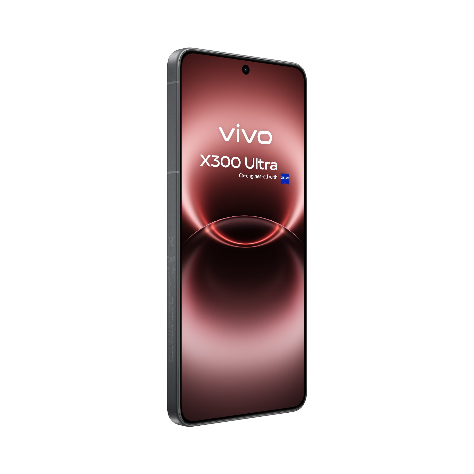 Un smartphone gris Vivo X300 Ultra con fondo rojo y logo ZEISS.