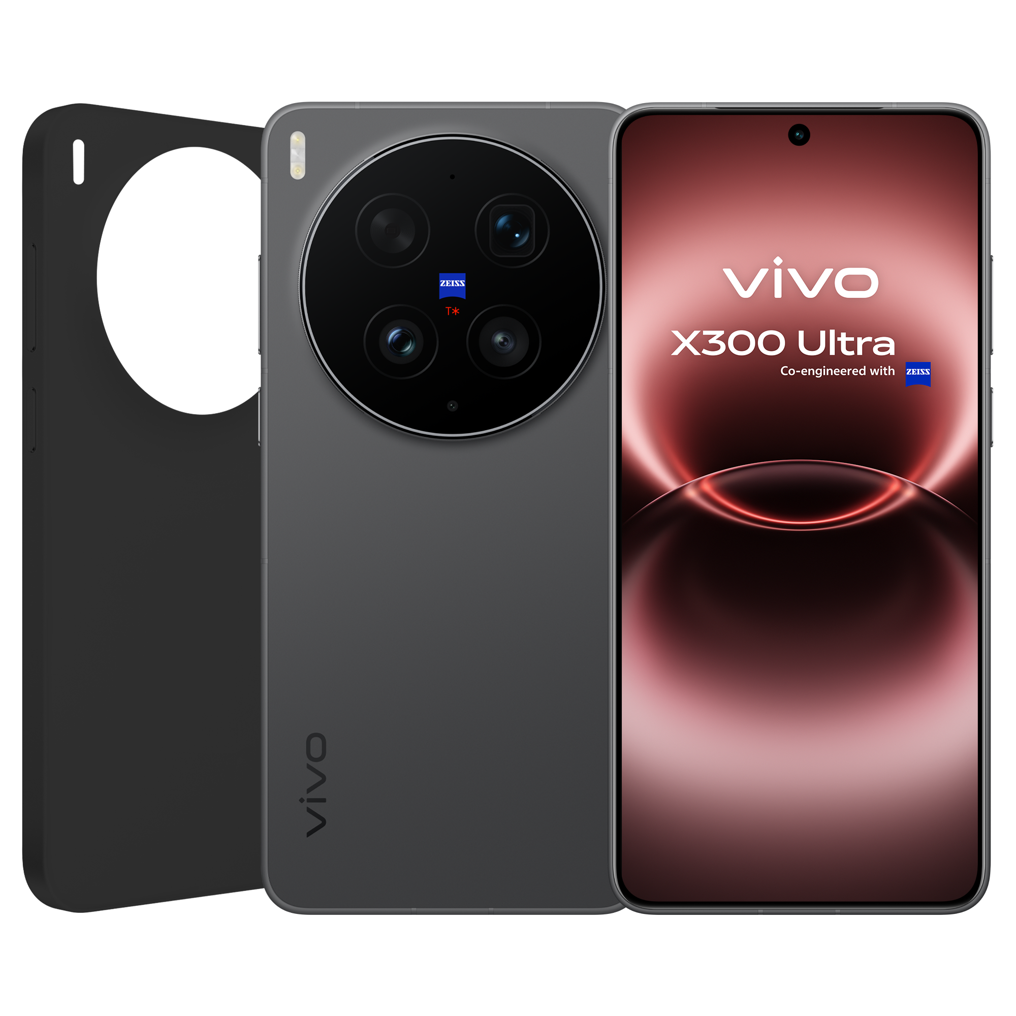 Un smartphone gris con tres cámaras y un logo ZEISS junto a una funda protectora.
