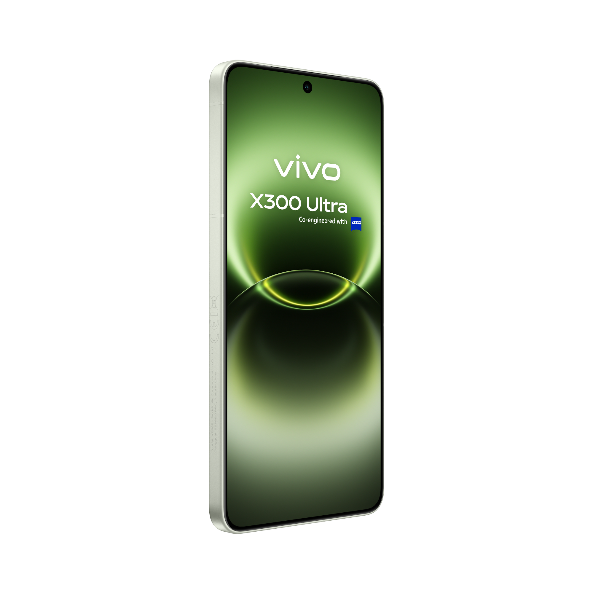 Un smartphone gris claro con fondo verde. Es un Vivo X300 Ultra.