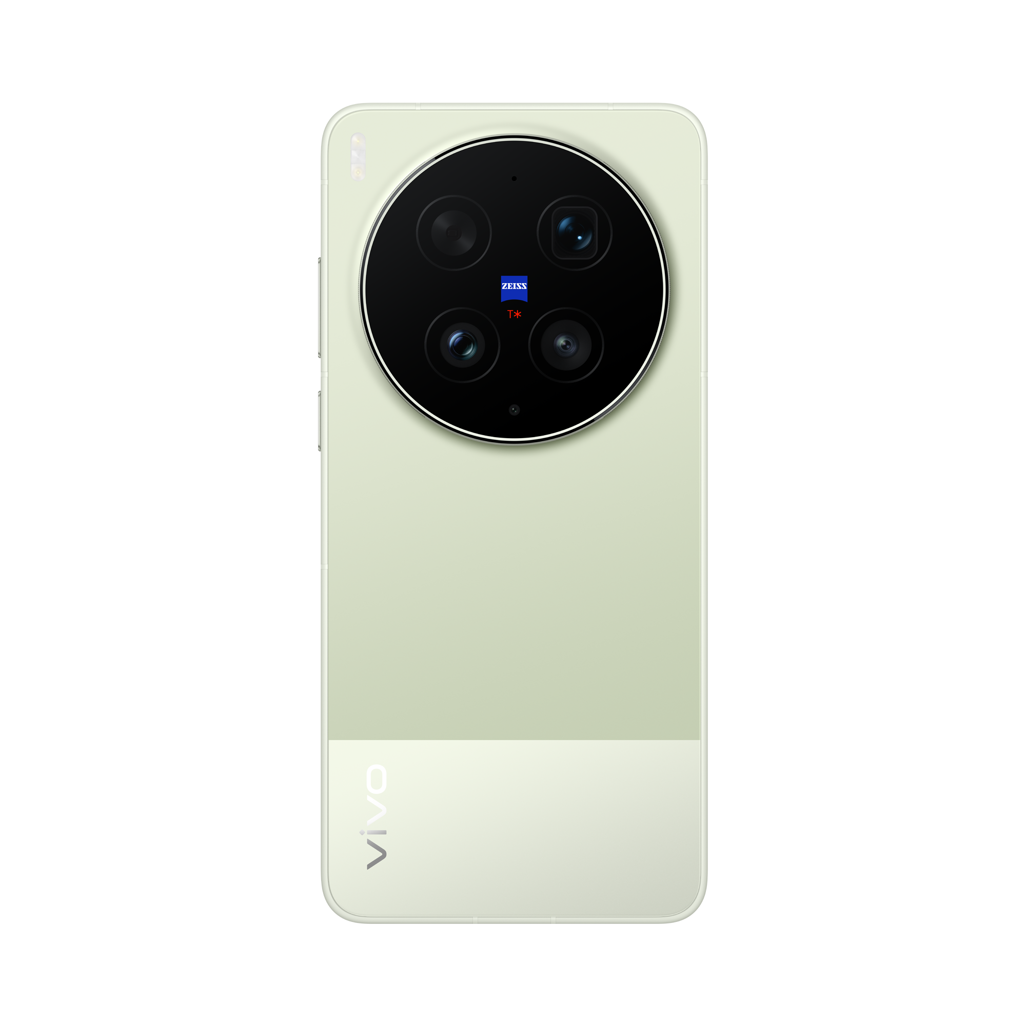 Parte trasera de un smartphone verde claro con cuatro cámaras y logo ZEISS.