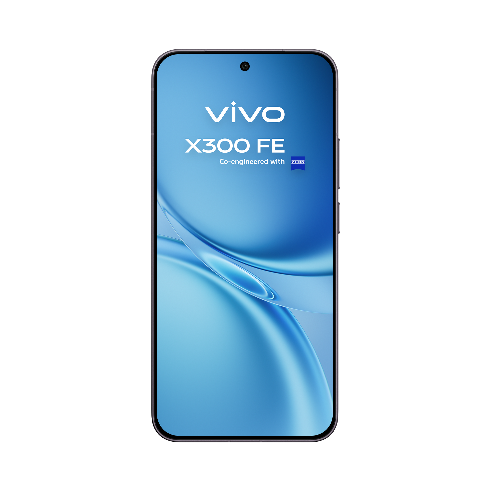 Fondo negro con un smartphone Vivo X300 FE mostrando un fondo azul.