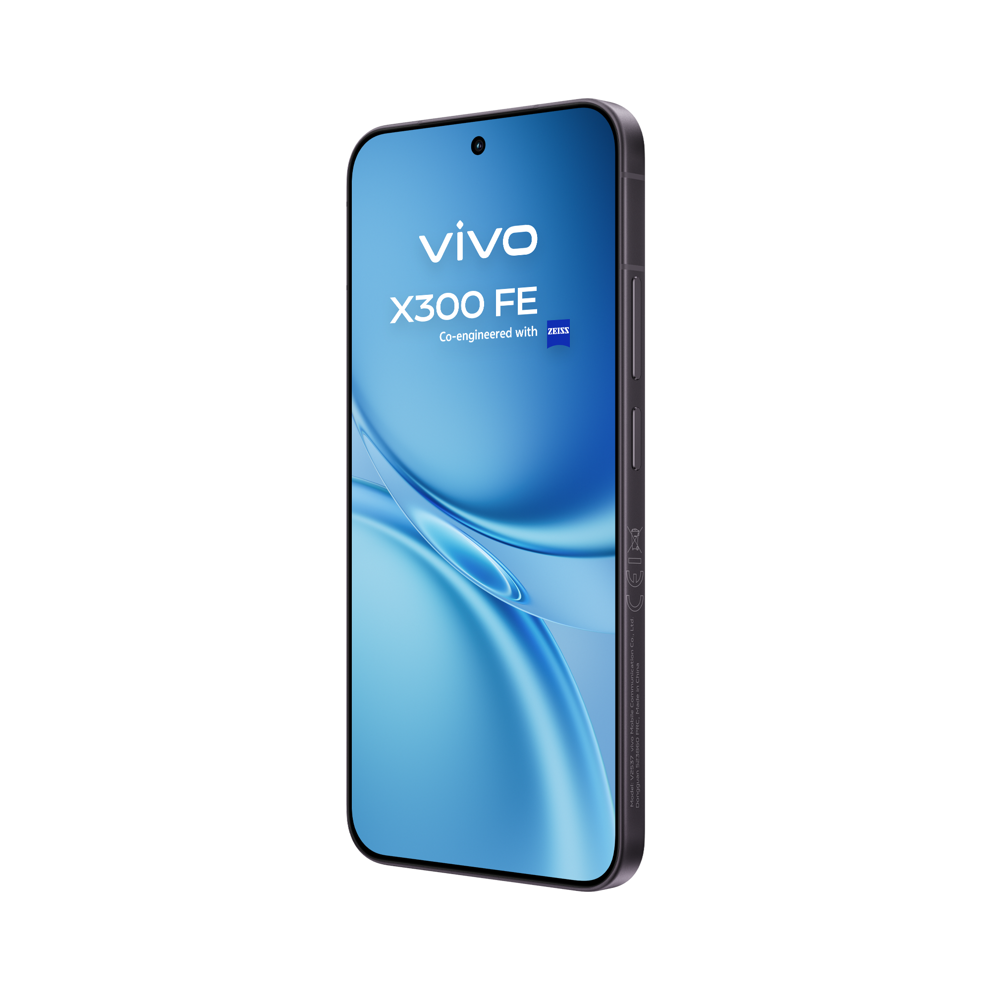 Smartphone gris Vivo X300 FE con pantalla azul y logo ZEISS.