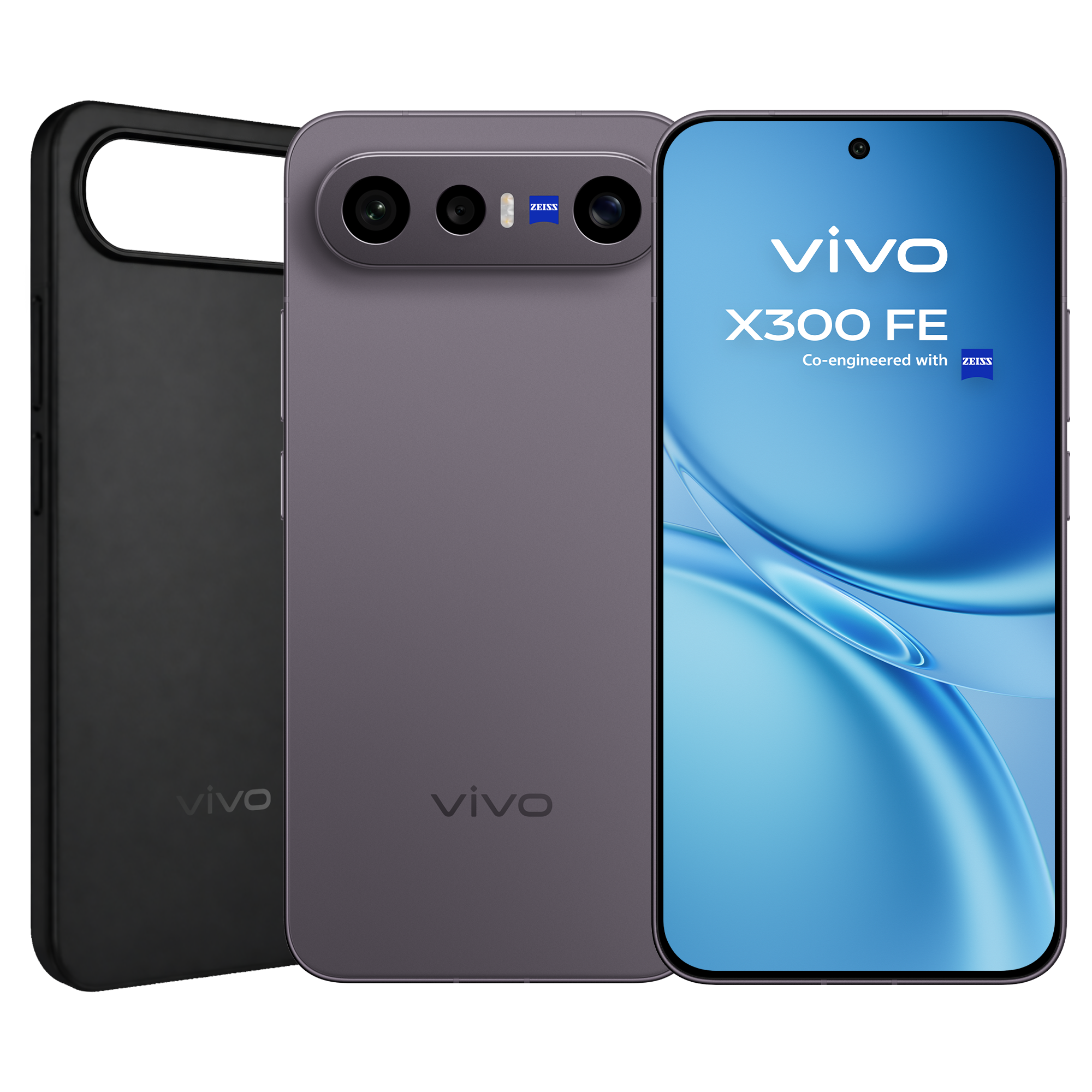 Un teléfono vivo X30 FE gris y funda negra sobre fondo negro.