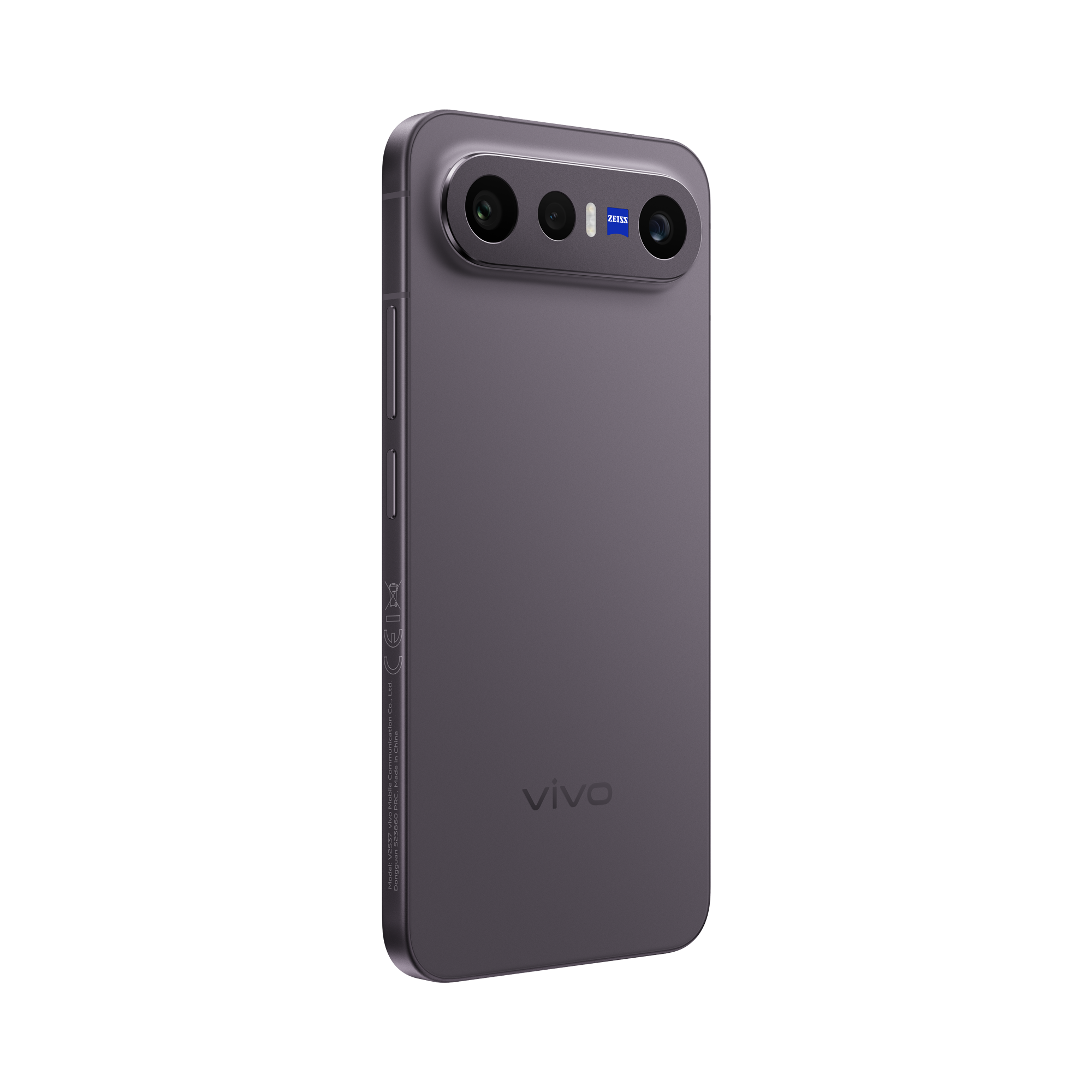 Parte trasera de smartphone gris con triple cámara y logo ZEISS.