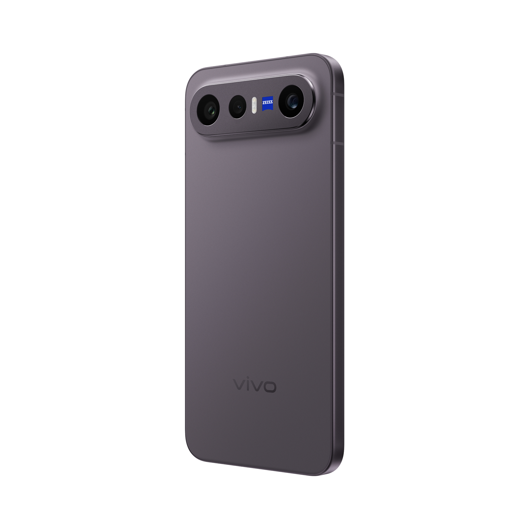 Teléfono inteligente gris con tres cámaras y logo ZEISS sobre fondo negro.