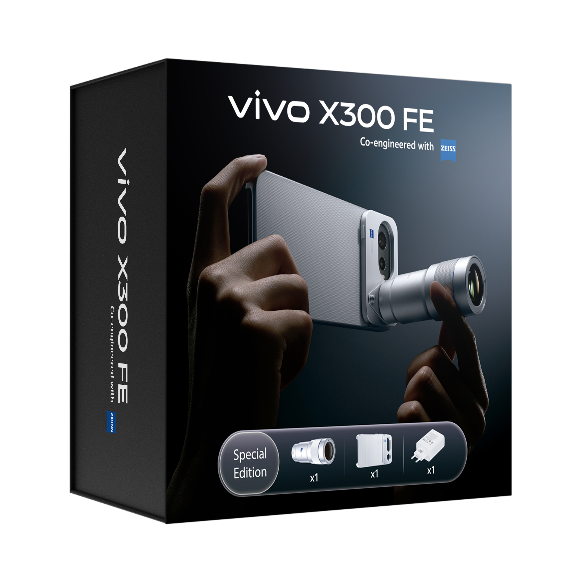 Caja Vivo X300 FE mostrando lente de cámara, funda y adaptador.